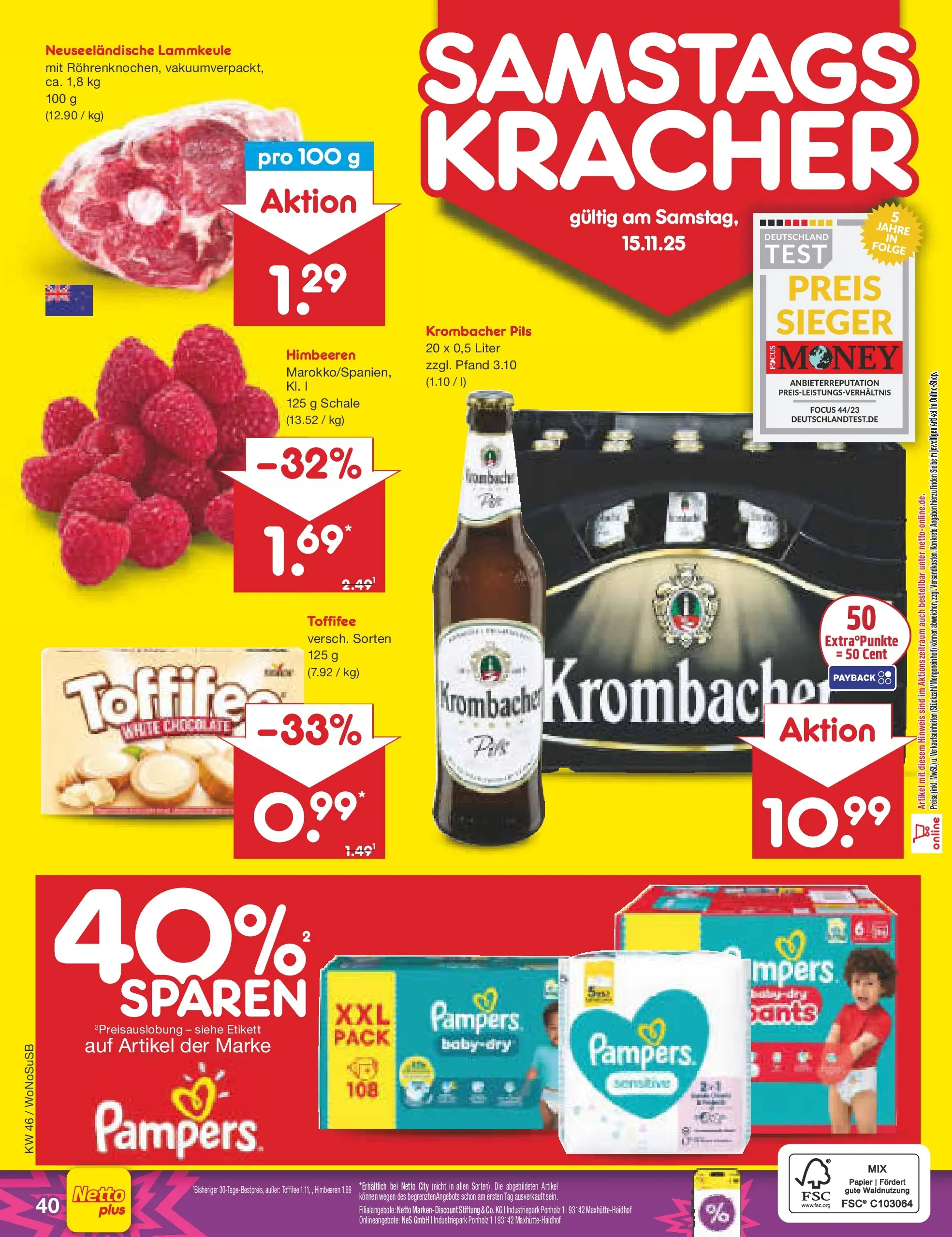 Netto Marken-Discount prospekt Lahnau	 (ab 10.11.2025) » Angebote | Seite: 48 | Produkte: Himbeeren, Lammkeule, Pampers, Krombacher