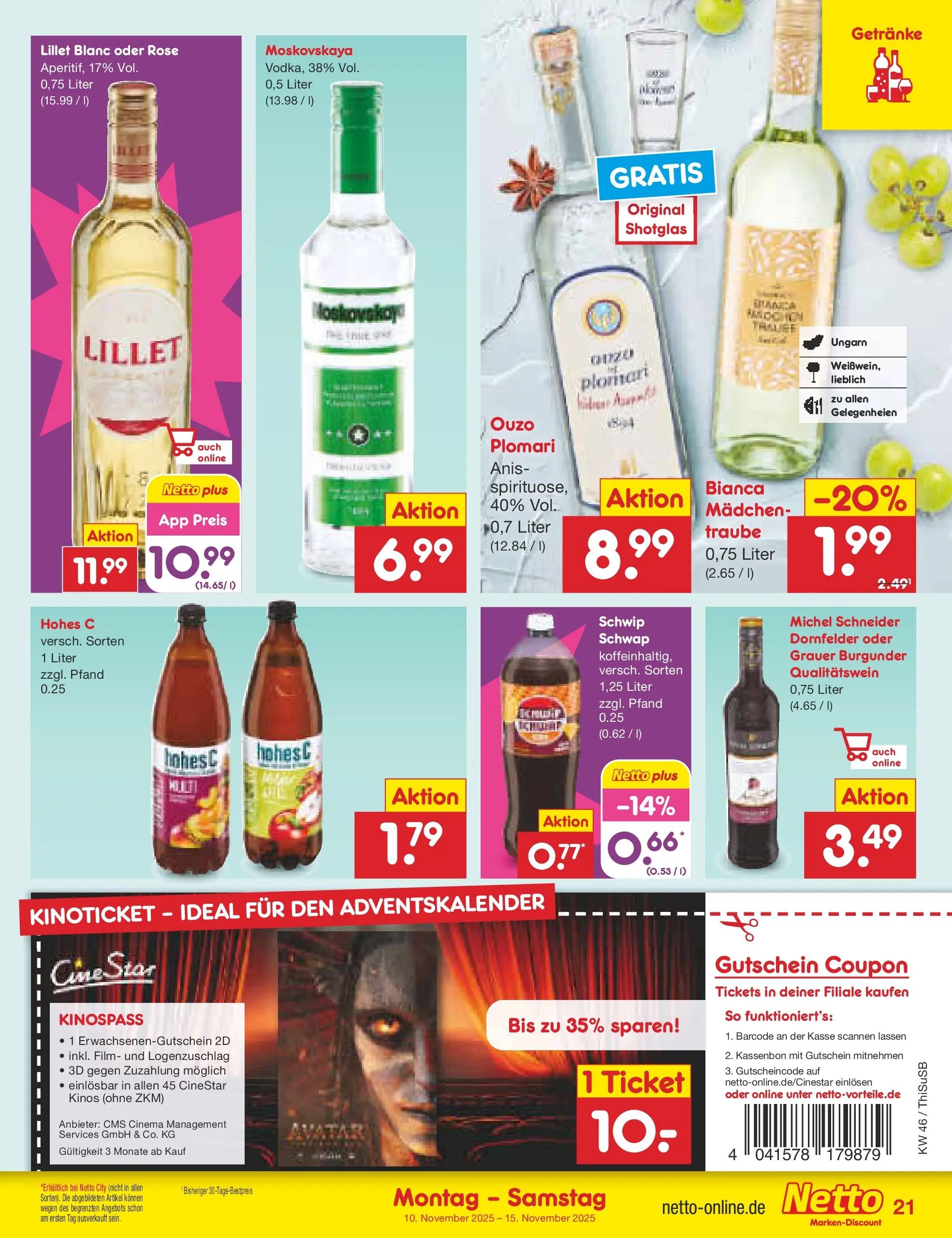 Netto Marken-Discount prospekt Pirna	 (ab 10.11.2025) » Angebote | Seite: 21 | Produkte: Ouzo, Lillet, Hohes c