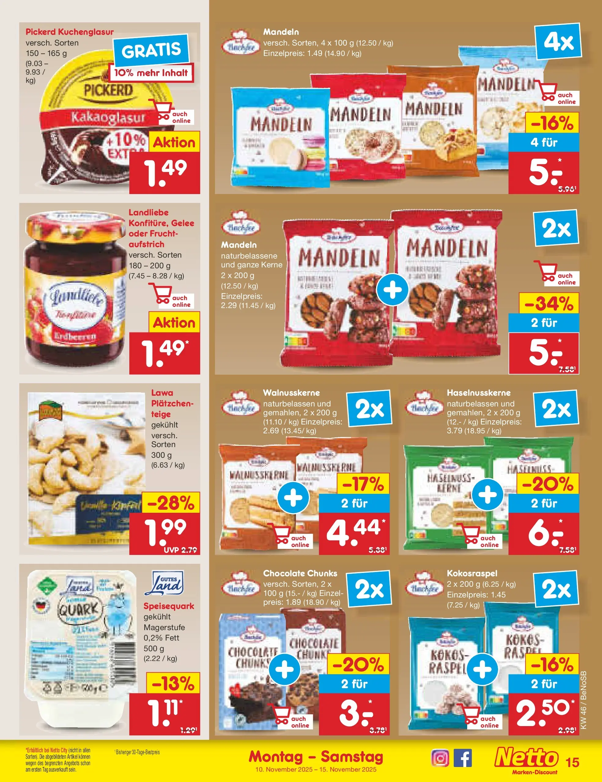 Netto Marken-Discount prospekt Bergen Auf Rügen	 (ab 10.11.2025) » Angebote | Seite: 15 | Produkte: Quark, Mandeln, Speisequark