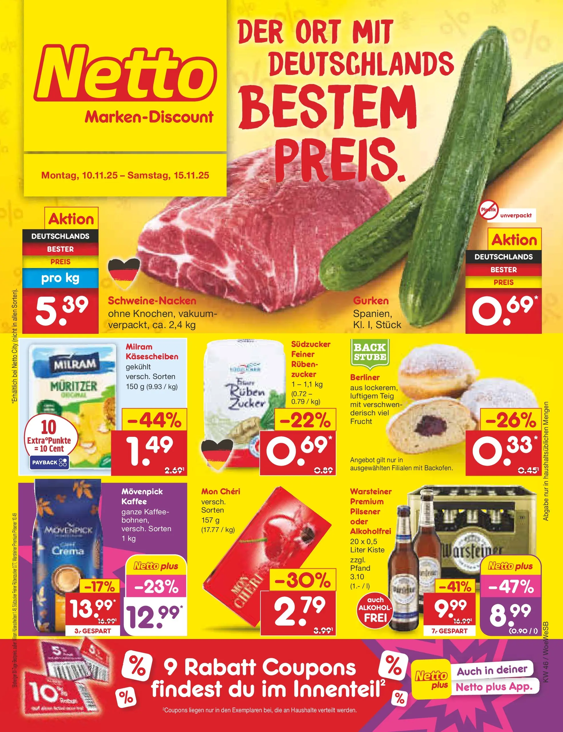 Netto Marken-Discount prospekt Katzweiler	 (ab 10.11.2025) » Angebote | Seite: 1 | Produkte: Berliner, Schweinenacken, Milram, Gurken