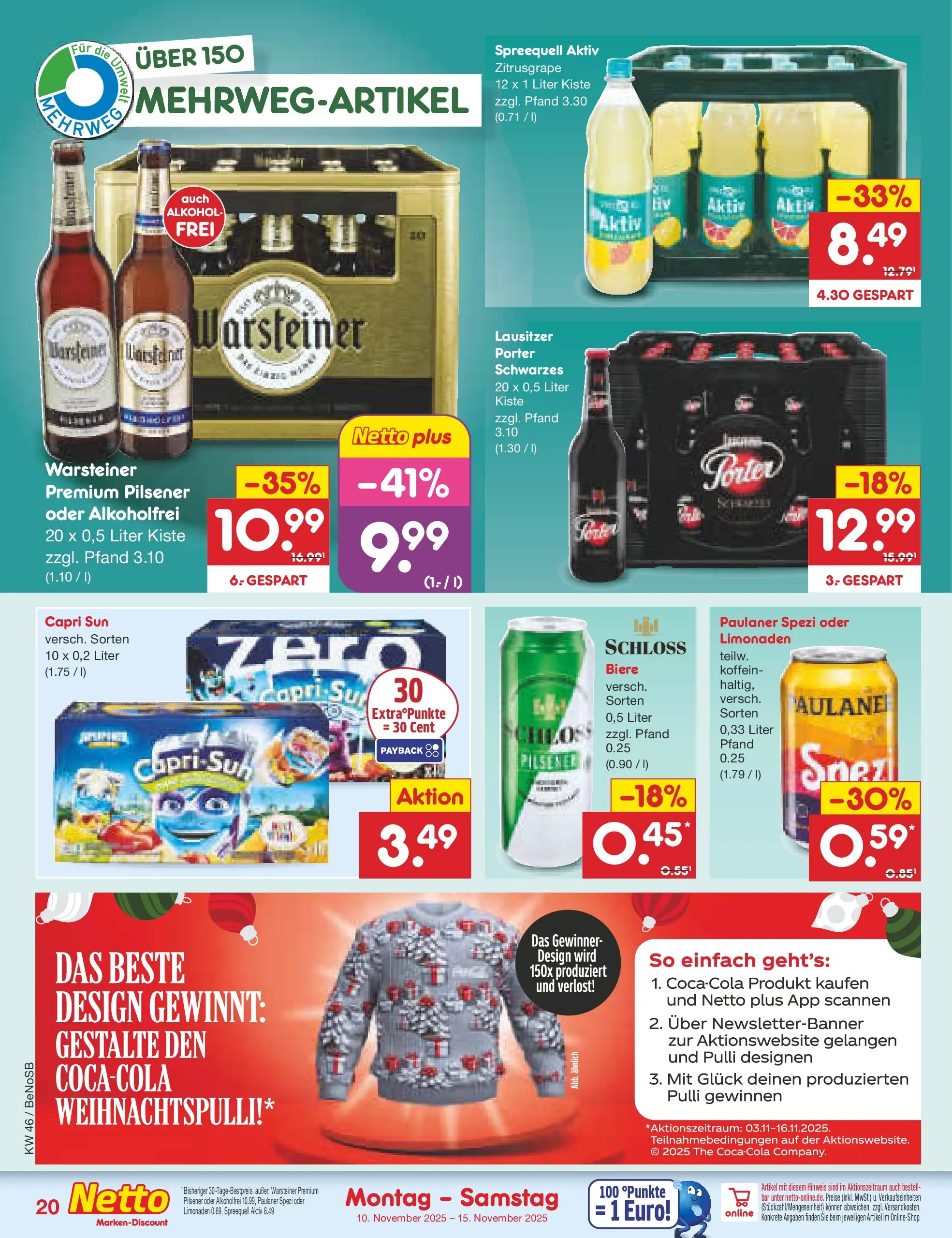 Netto Marken-Discount prospekt Bergen Auf Rügen	 (ab 10.11.2025) » Angebote | Seite: 20 | Produkte: Capri sun, Paulaner spezi, Warsteiner, Paulaner