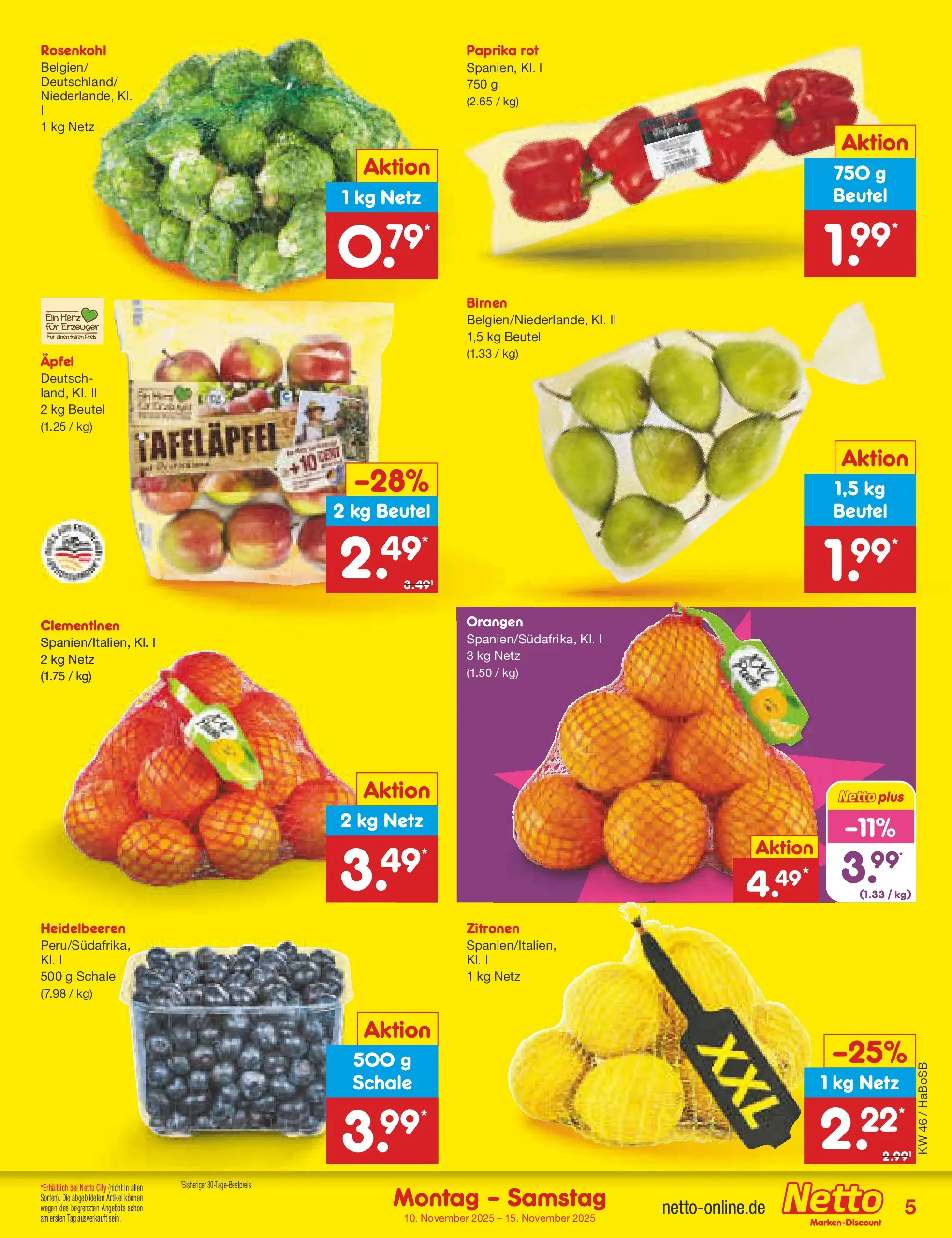 Netto Marken-Discount prospekt Wuppertal	 (ab 10.11.2025) » Angebote | Seite: 5 | Produkte: Paprika rot, Äpfel, Orangen, Heidelbeeren