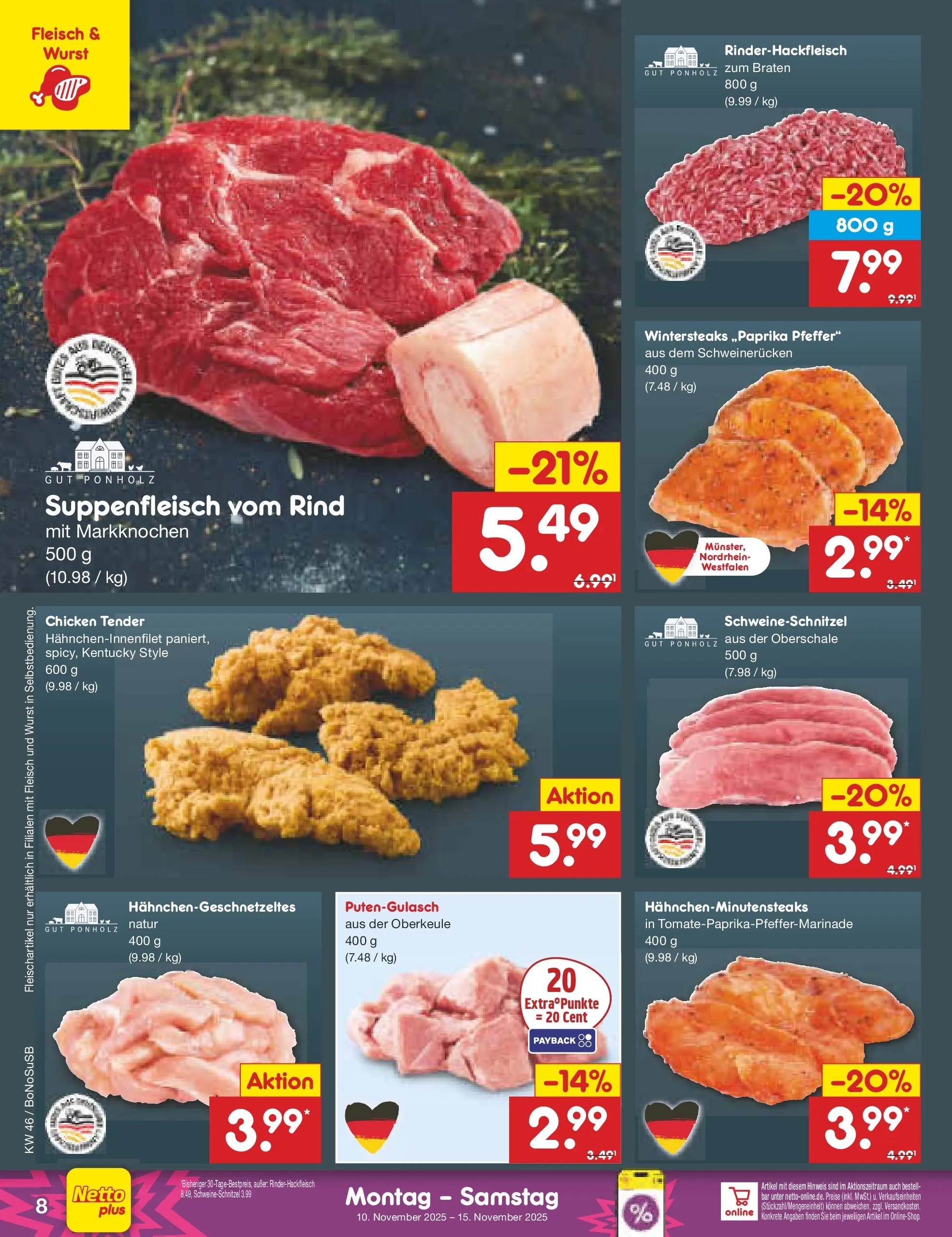 Netto Marken-Discount prospekt Herne	 (ab 10.11.2025) » Angebote | Seite: 8 | Produkte: Suppenfleisch, Wurst, Schweinerucken, Fleisch