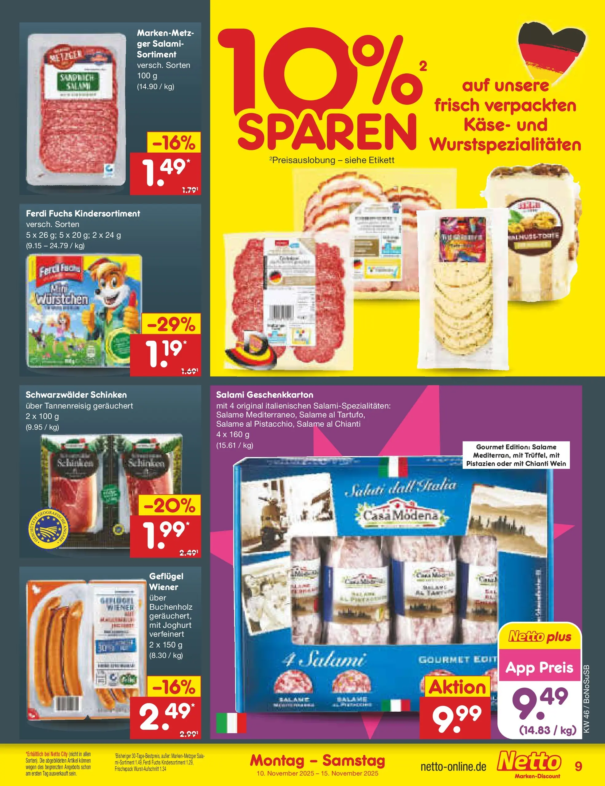 Netto Marken-Discount prospekt Herne	 (ab 10.11.2025) » Angebote | Seite: 9 | Produkte: Käse, Pistazien, Salami, Wein