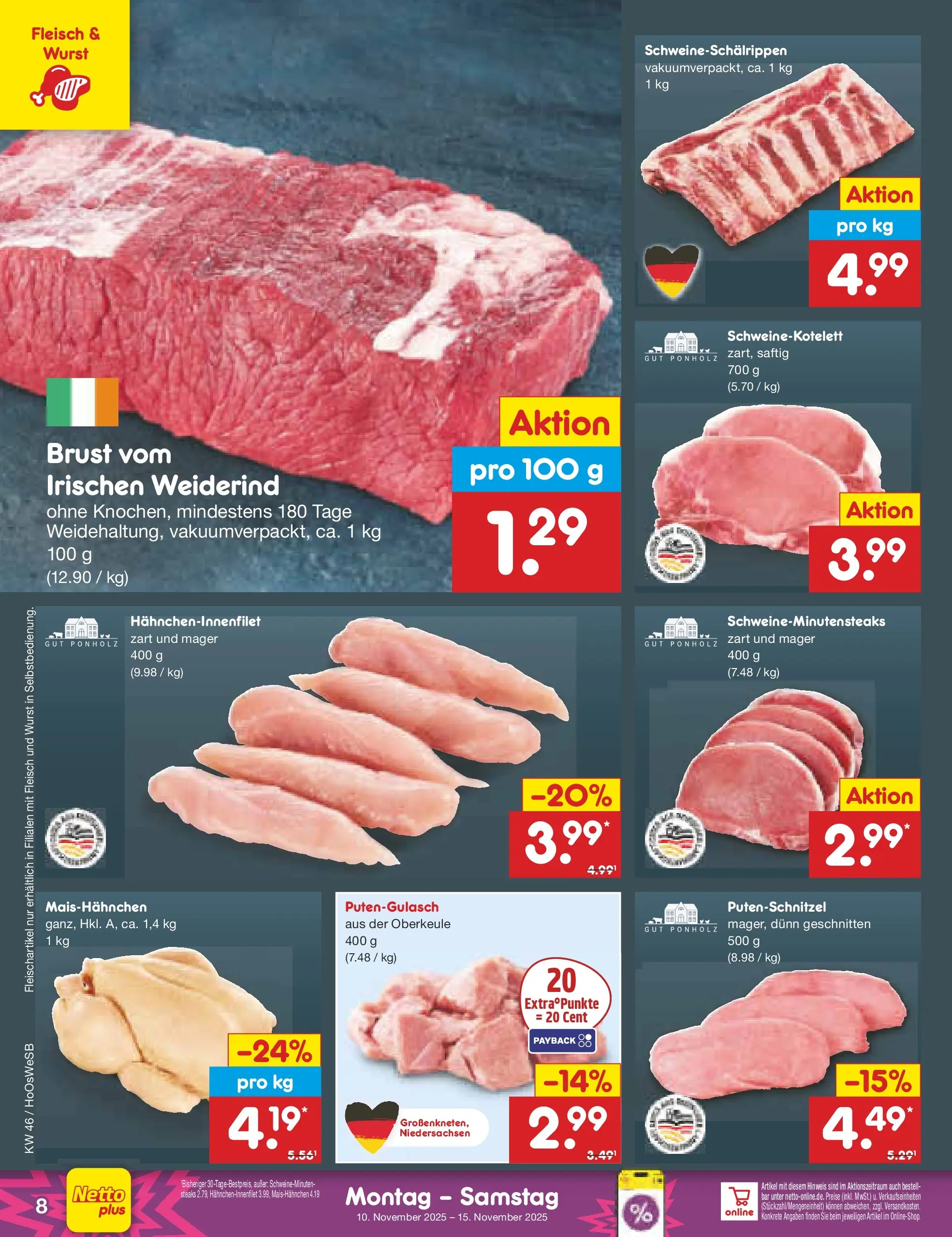 Netto Marken-Discount prospekt Hannover	 (ab 10.11.2025) » Angebote | Seite: 8 | Produkte: Putenschnitzel, Wurst, Fleisch