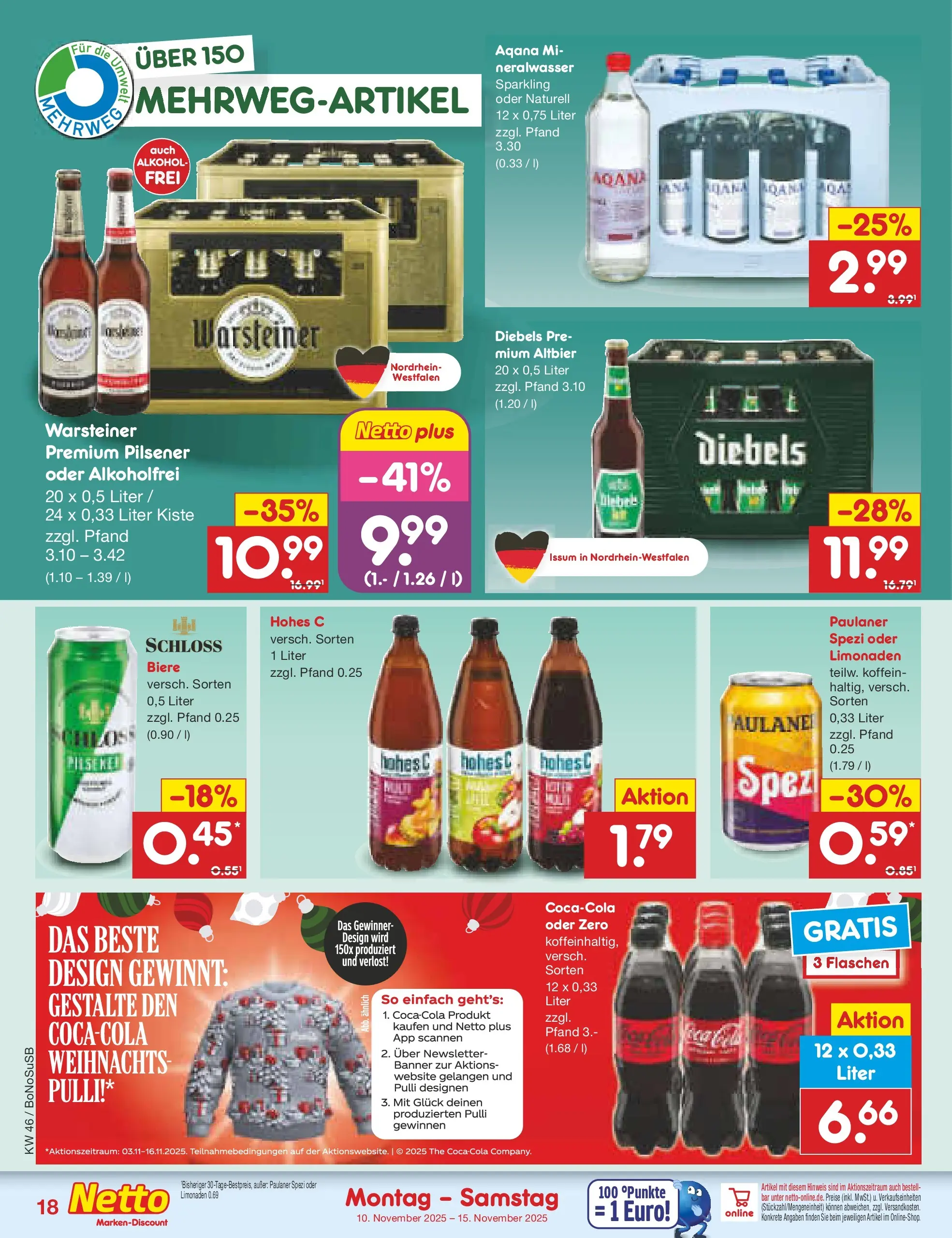 Netto Marken-Discount prospekt Herne	 (ab 10.11.2025) » Angebote | Seite: 18 | Produkte: Paulaner spezi, Warsteiner, Diebels, Hohes c