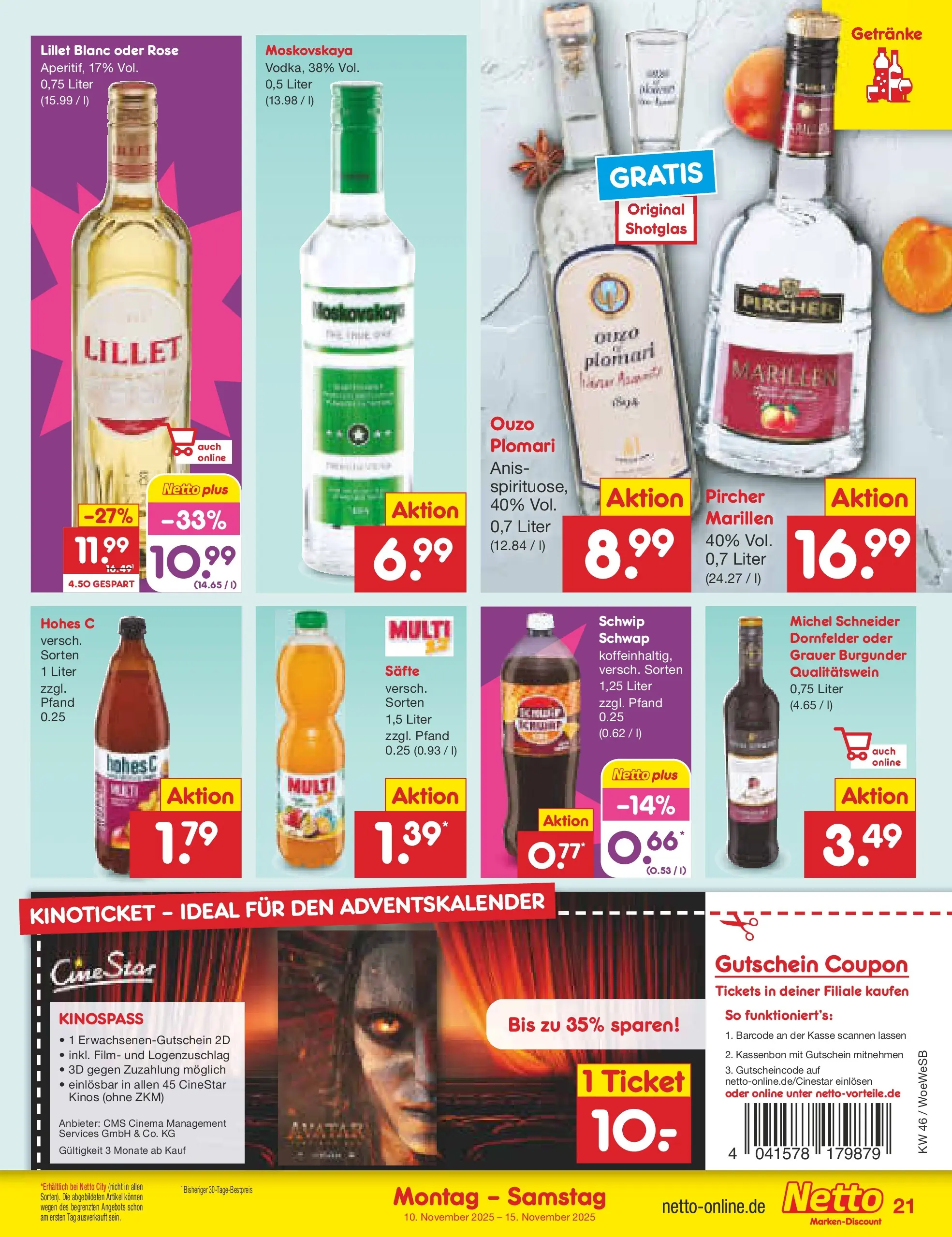 Netto Marken-Discount prospekt Katzweiler	 (ab 10.11.2025) » Angebote | Seite: 21 | Produkte: Ouzo, Lillet, Hohes c