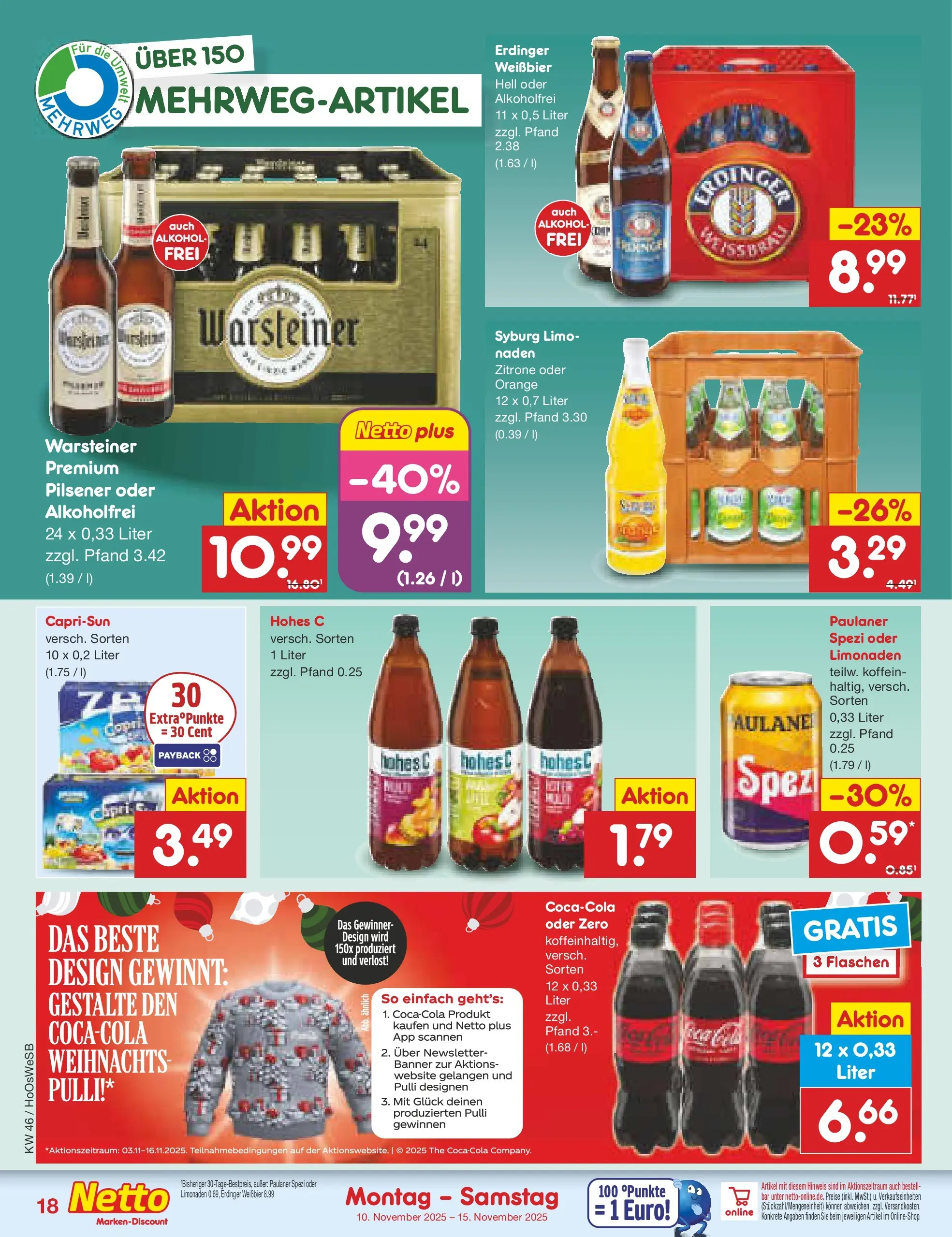 Netto Marken-Discount prospekt Hannover	 (ab 10.11.2025) » Angebote | Seite: 18 | Produkte: Weißbier, Paulaner spezi, Warsteiner, Hohes c