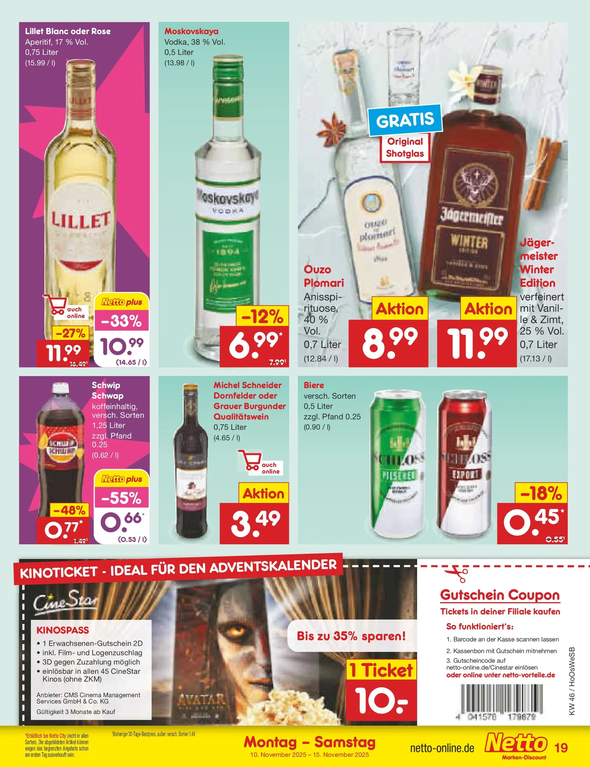 Netto Marken-Discount prospekt Hannover	 (ab 10.11.2025) » Angebote | Seite: 19 | Produkte: Ouzo, Lillet, Jägermeister
