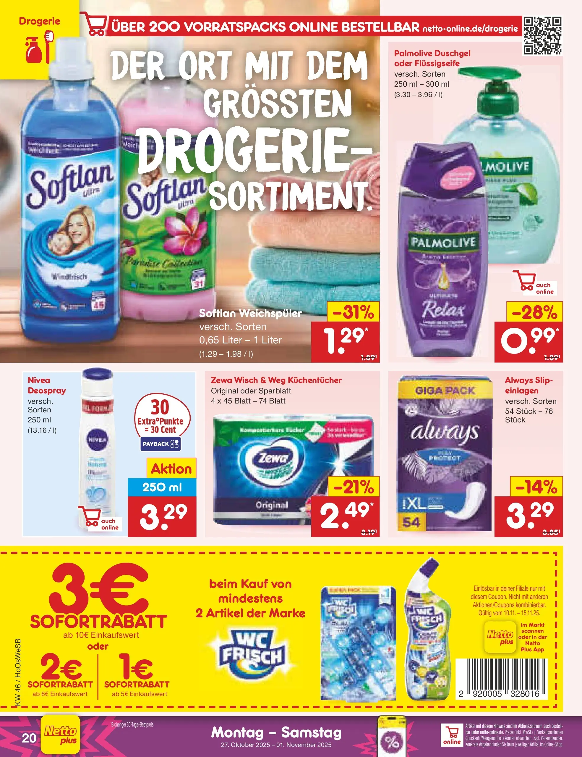 Netto Marken-Discount prospekt Hannover	 (ab 10.11.2025) » Angebote | Seite: 20 | Produkte: Zewa, Duschgel, Deospray, Slip