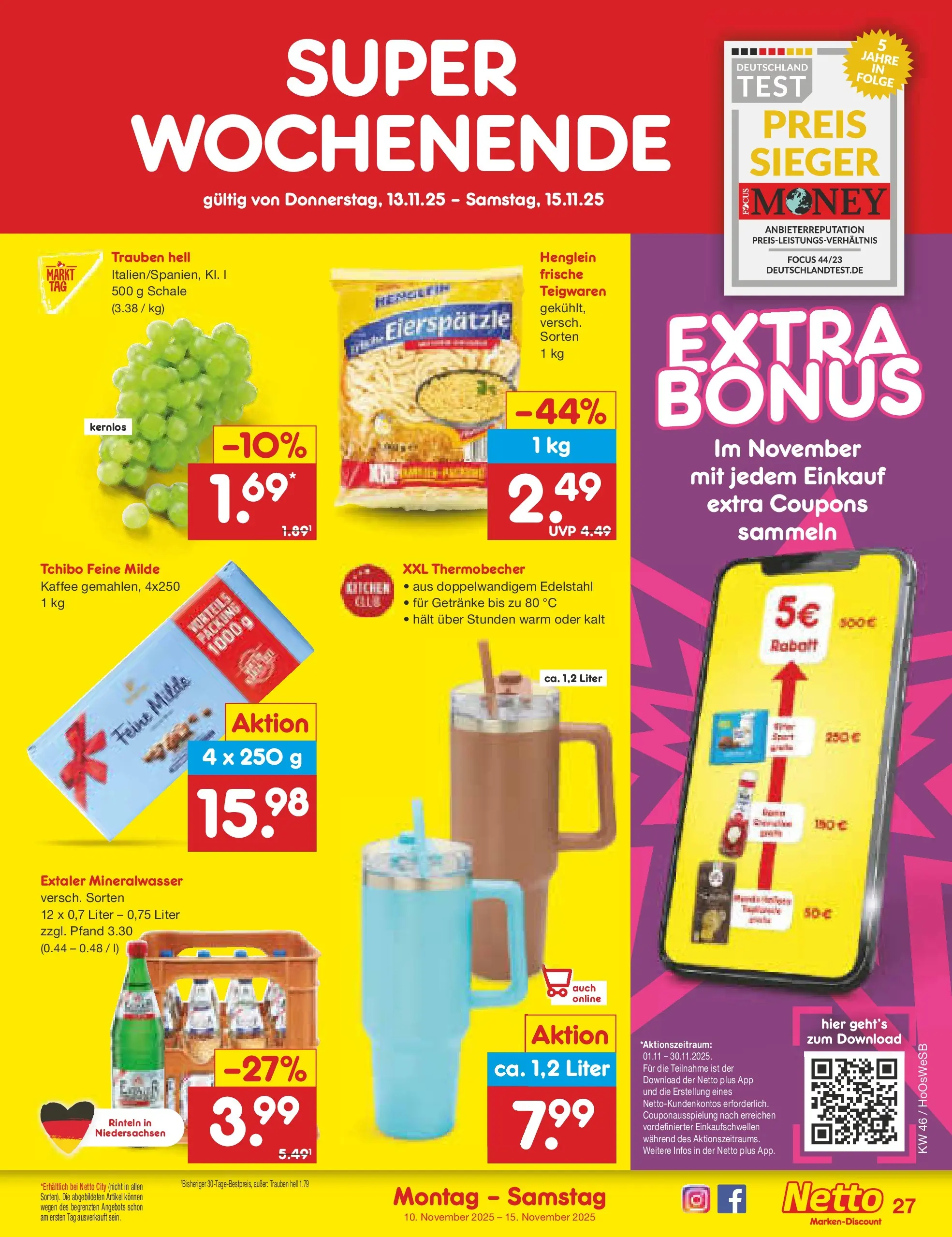 Netto Marken-Discount prospekt Hannover	 (ab 10.11.2025) » Angebote | Seite: 33 | Produkte: Trauben, Kaffee, Mineralwasser