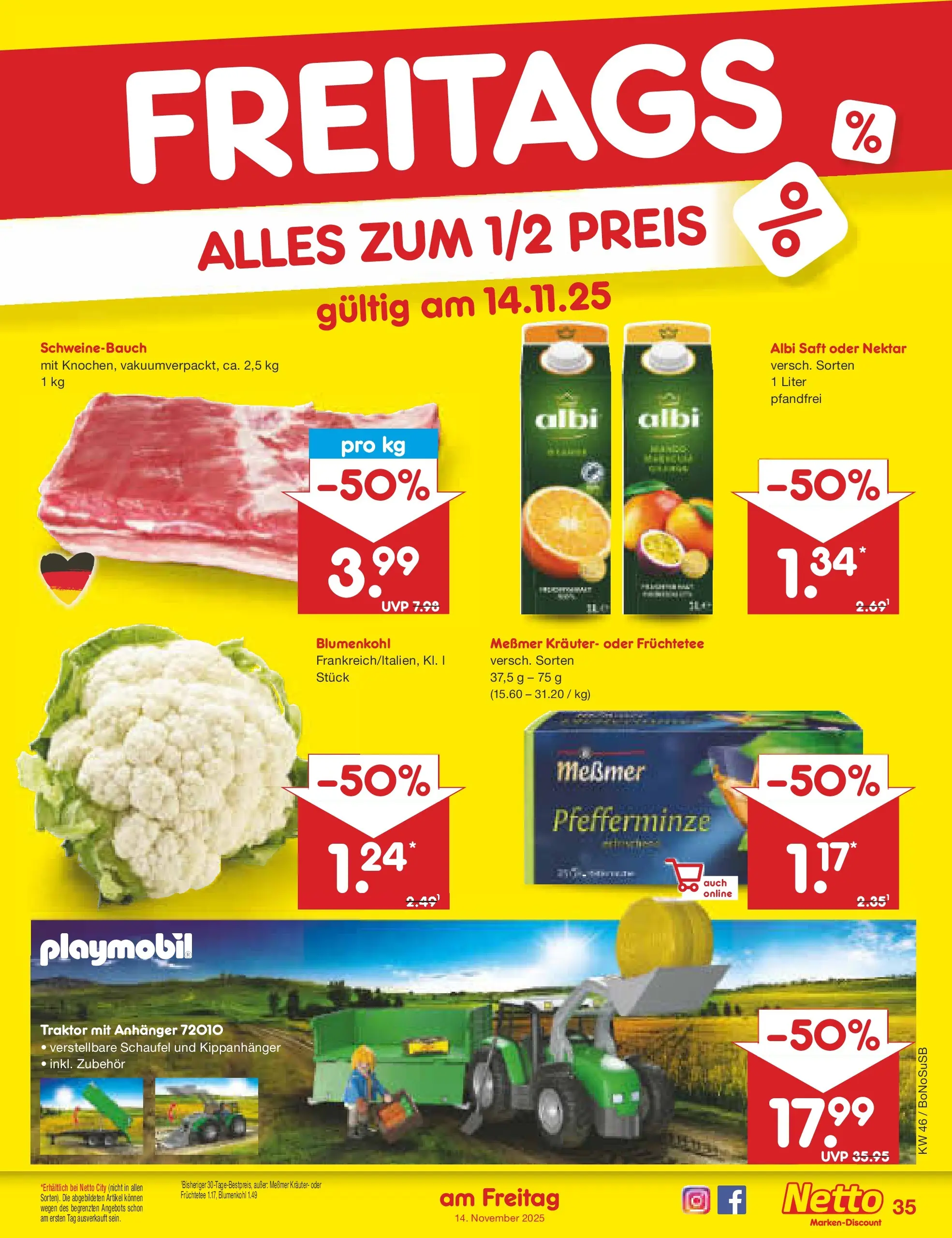 Netto Marken-Discount prospekt Herne	 (ab 10.11.2025) » Angebote | Seite: 43 | Produkte: Messmer, Schweinebauch, Blumenkohl, Saft