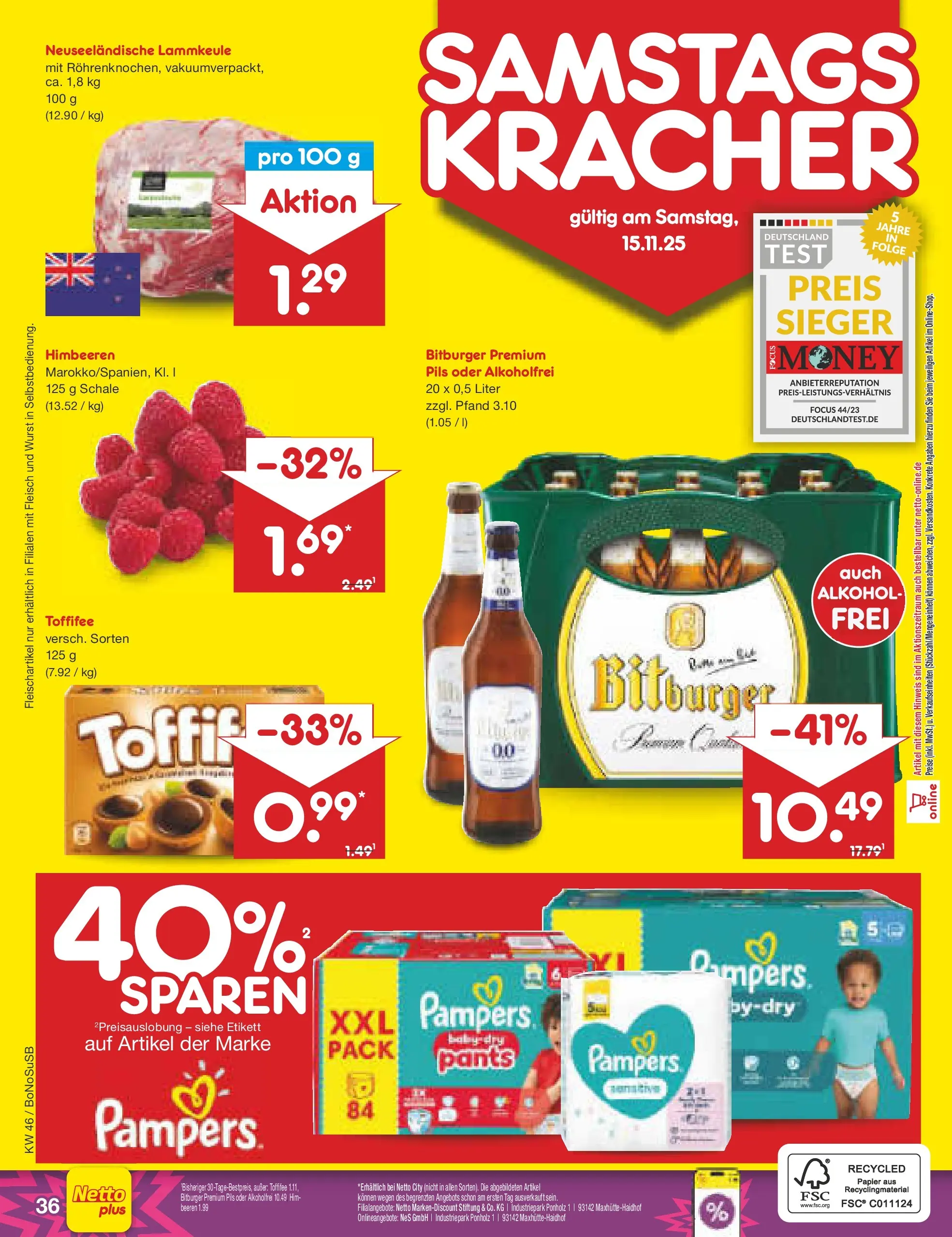 Netto Marken-Discount prospekt Herne	 (ab 10.11.2025) » Angebote | Seite: 44 | Produkte: Himbeeren, Bitburger, Pampers, Toffifee