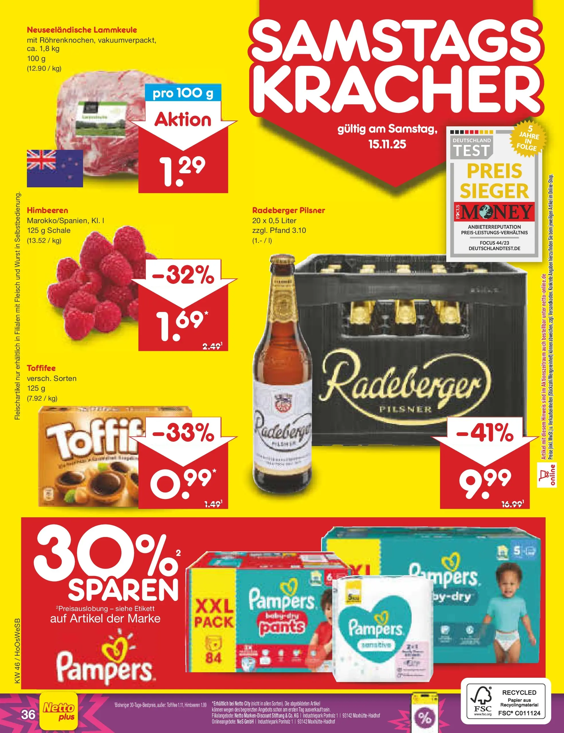 Netto Marken-Discount prospekt Hannover	 (ab 10.11.2025) » Angebote | Seite: 44 | Produkte: Himbeeren, Lammkeule, Pampers, Radeberger pilsner