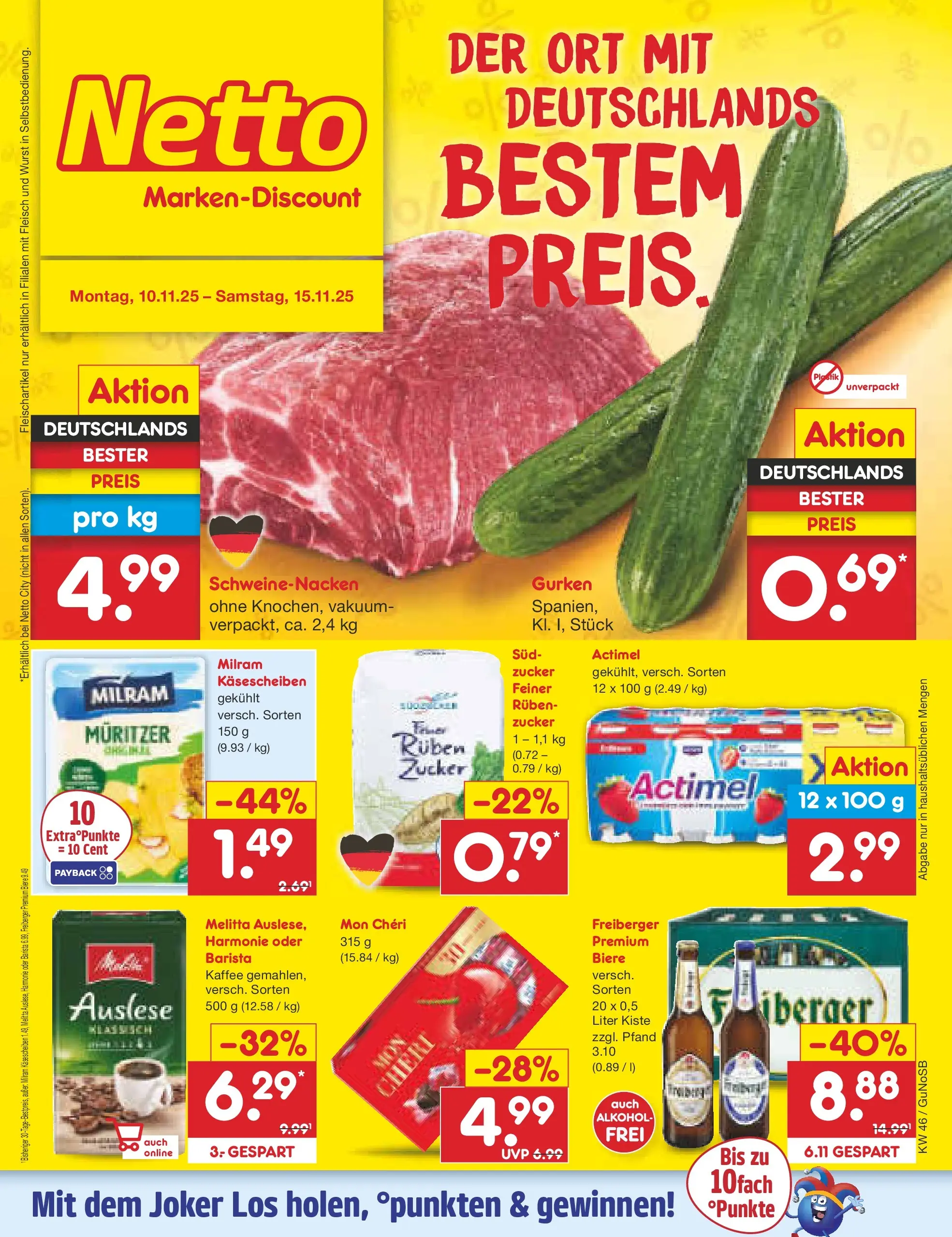 Netto Marken-Discount prospekt Machern	 (ab 10.11.2025) » Angebote | Seite: 1 | Produkte: Actimel, Zucker, Fleisch, Mon cheri