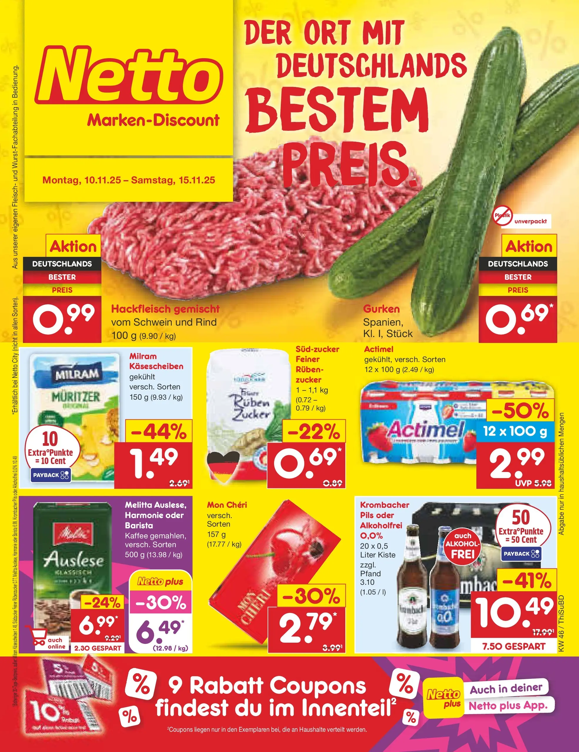 Netto Marken-Discount prospekt Thiendorf	 (ab 10.11.2025) » Angebote | Seite: 1 | Produkte: Actimel, Zucker, Krombacher, Gurken