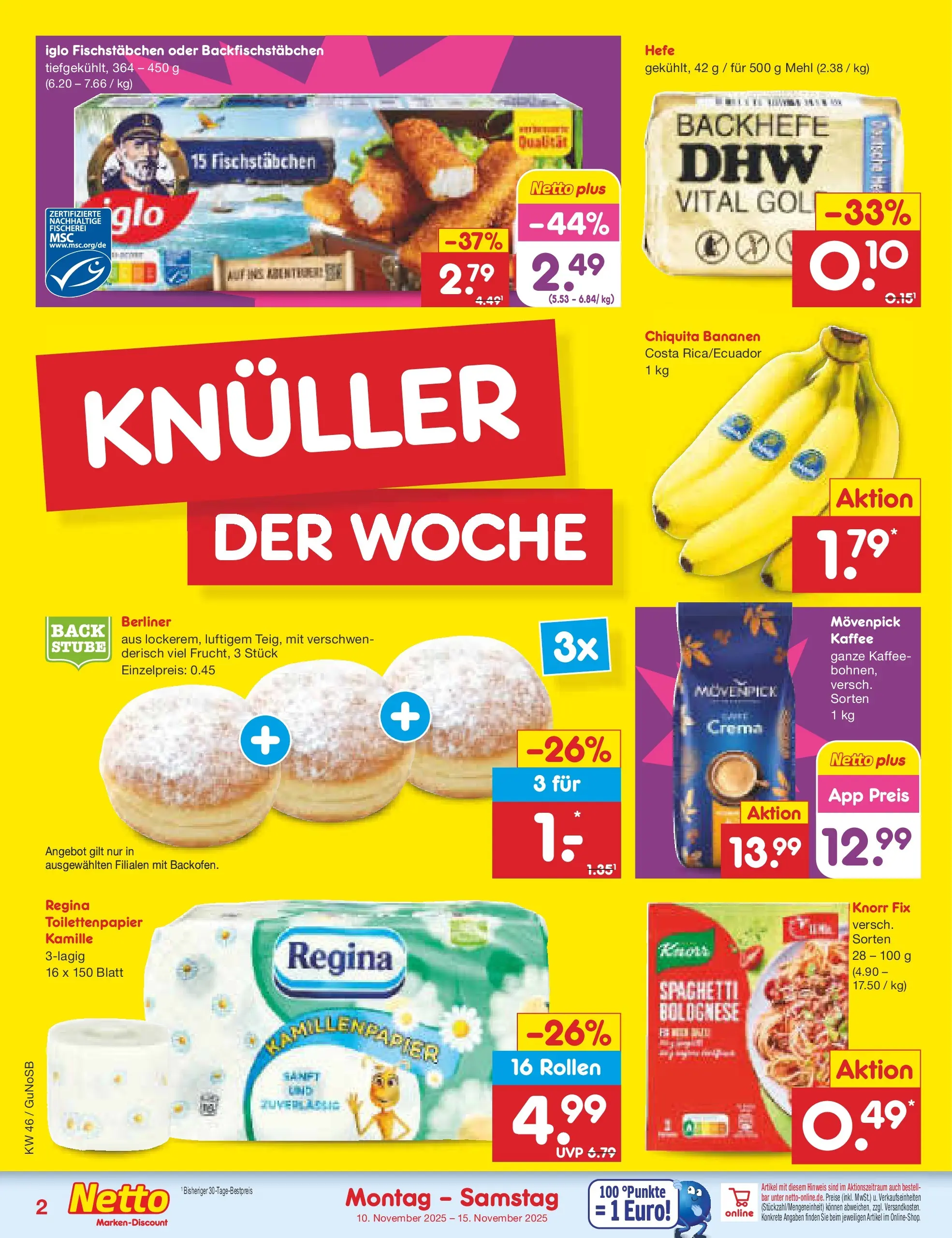 Netto Marken-Discount prospekt Machern	 (ab 10.11.2025) » Angebote | Seite: 2 | Produkte: Iglo, Bananen, Fischstabchen, Toilettenpapier