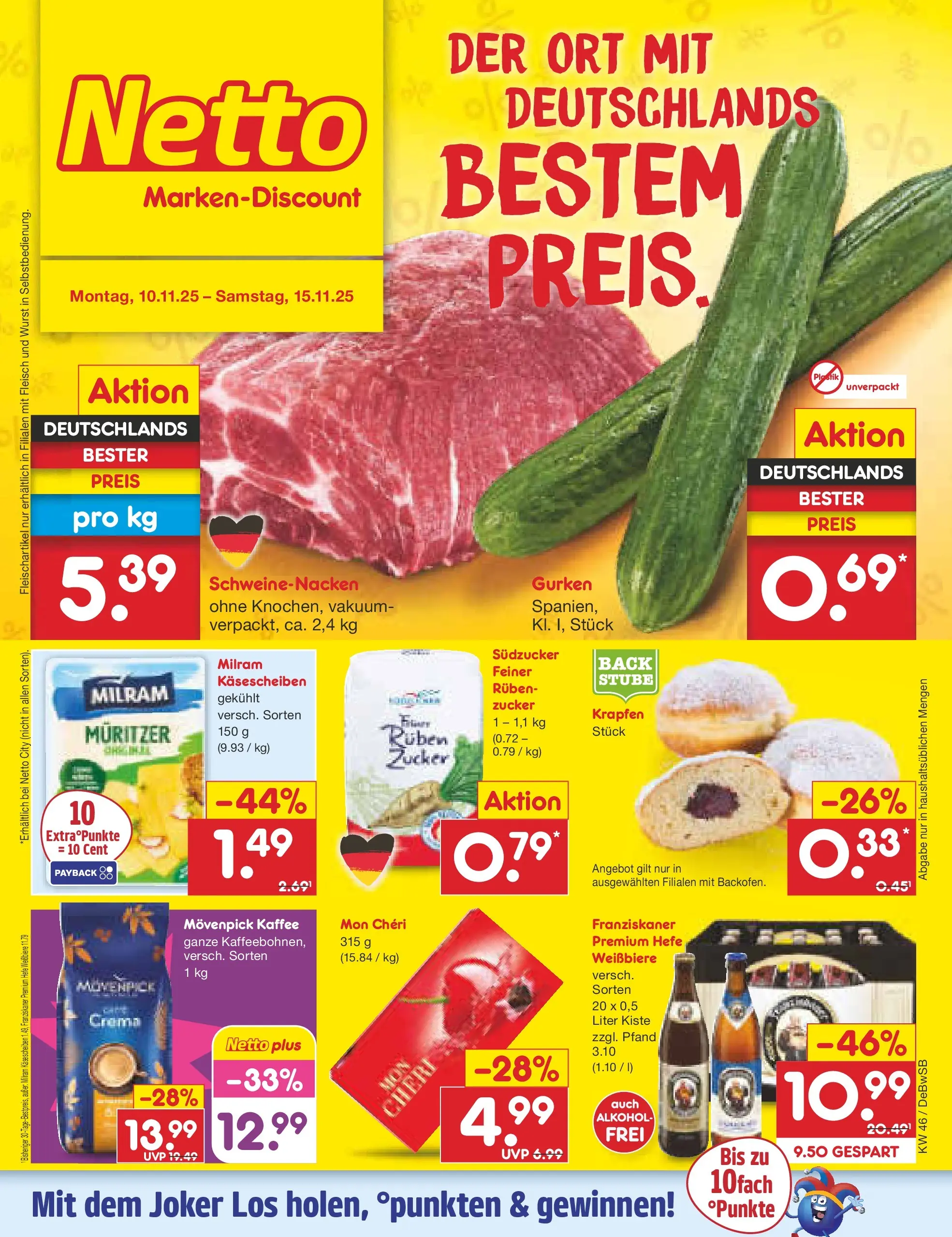 Netto Marken-Discount prospekt Waiblingen-Bittenfeld	 (ab 10.11.2025) » Angebote | Seite: 1 | Produkte: Zucker, Wurst, Gurken, Mon cheri