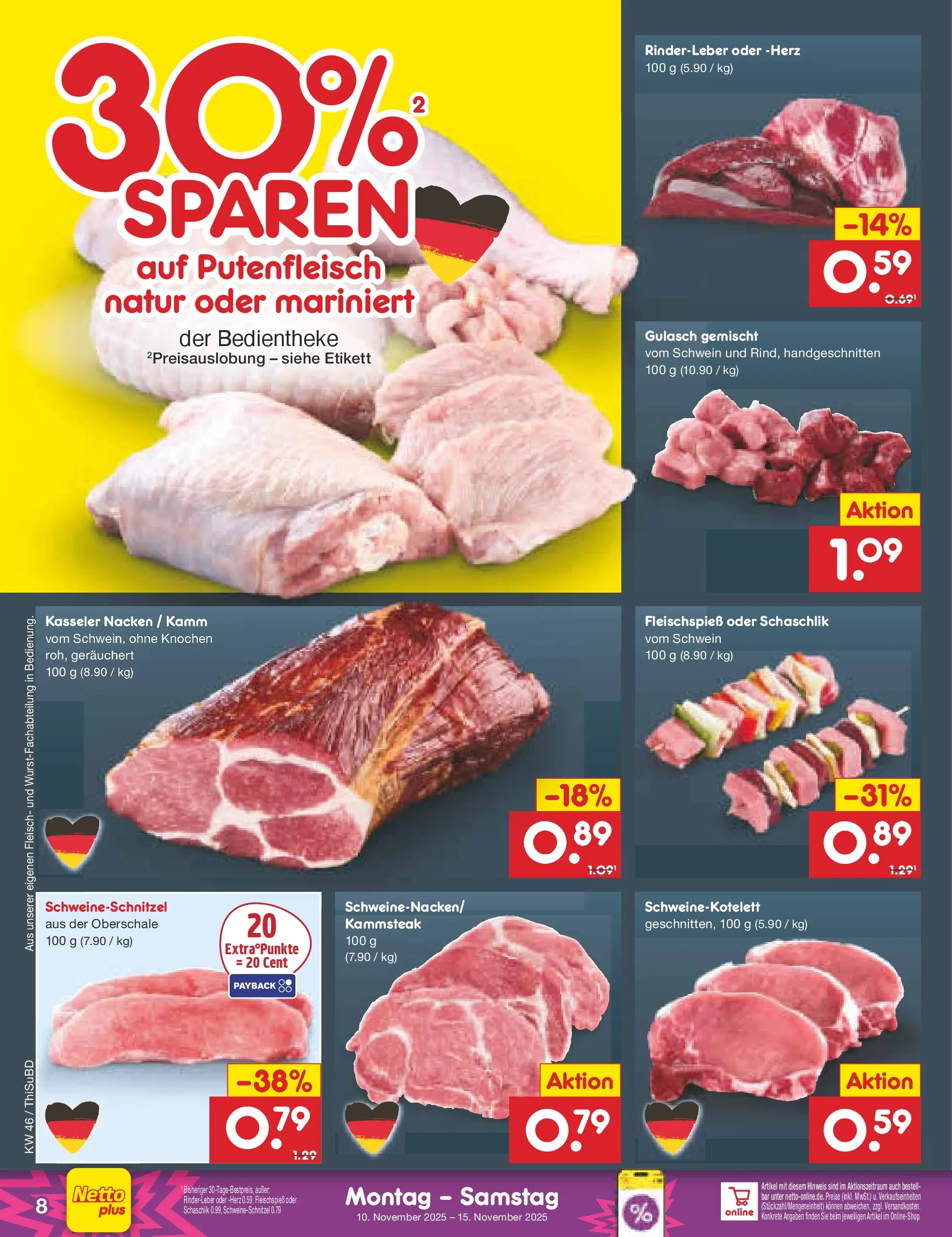 Netto Marken-Discount prospekt Thiendorf	 (ab 10.11.2025) » Angebote | Seite: 8 | Produkte: Kasseler nacken, Gulasch, Fleisch
