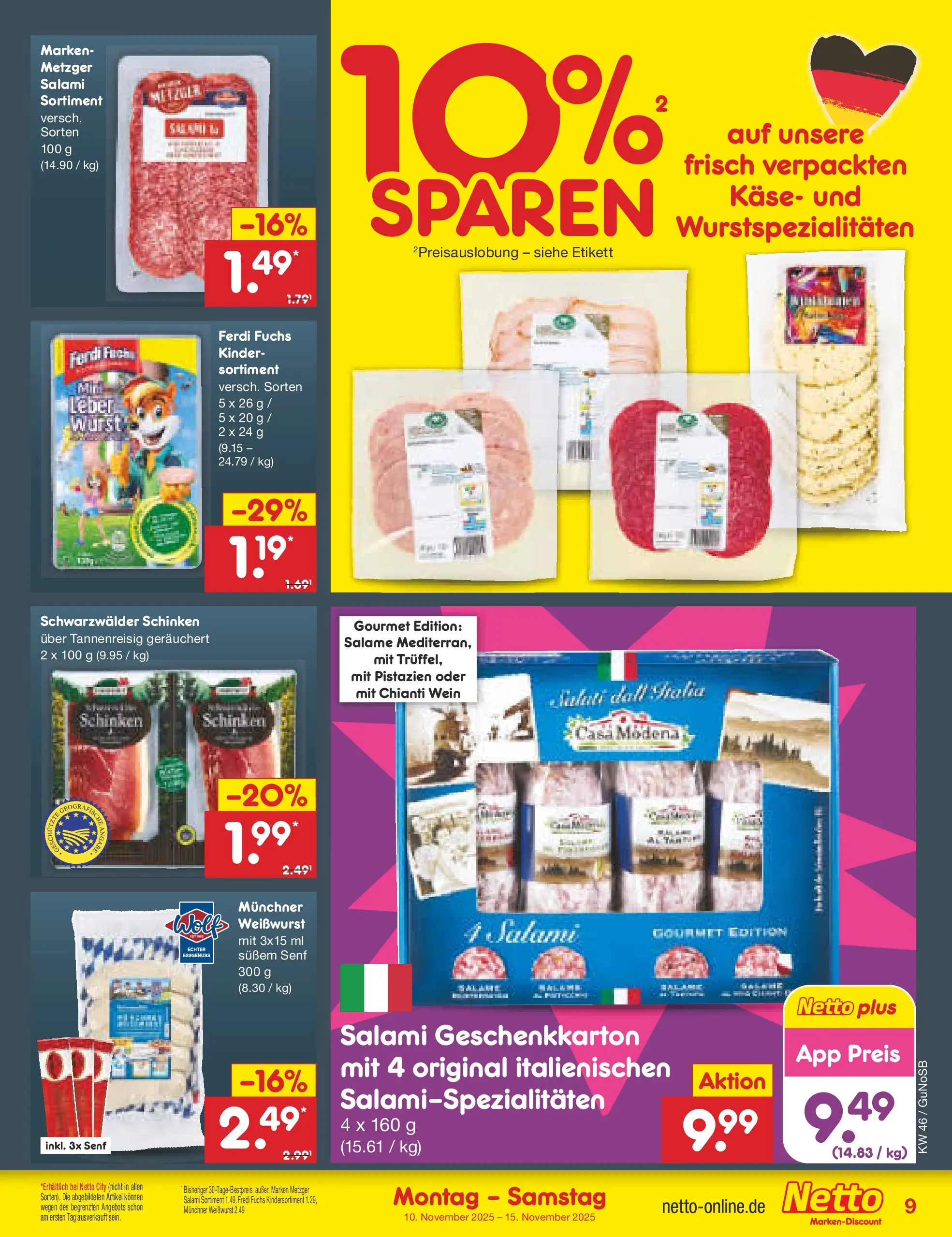 Netto Marken-Discount prospekt Machern	 (ab 10.11.2025) » Angebote | Seite: 9 | Produkte: Pistazien, Wurst, Salami, Schinken