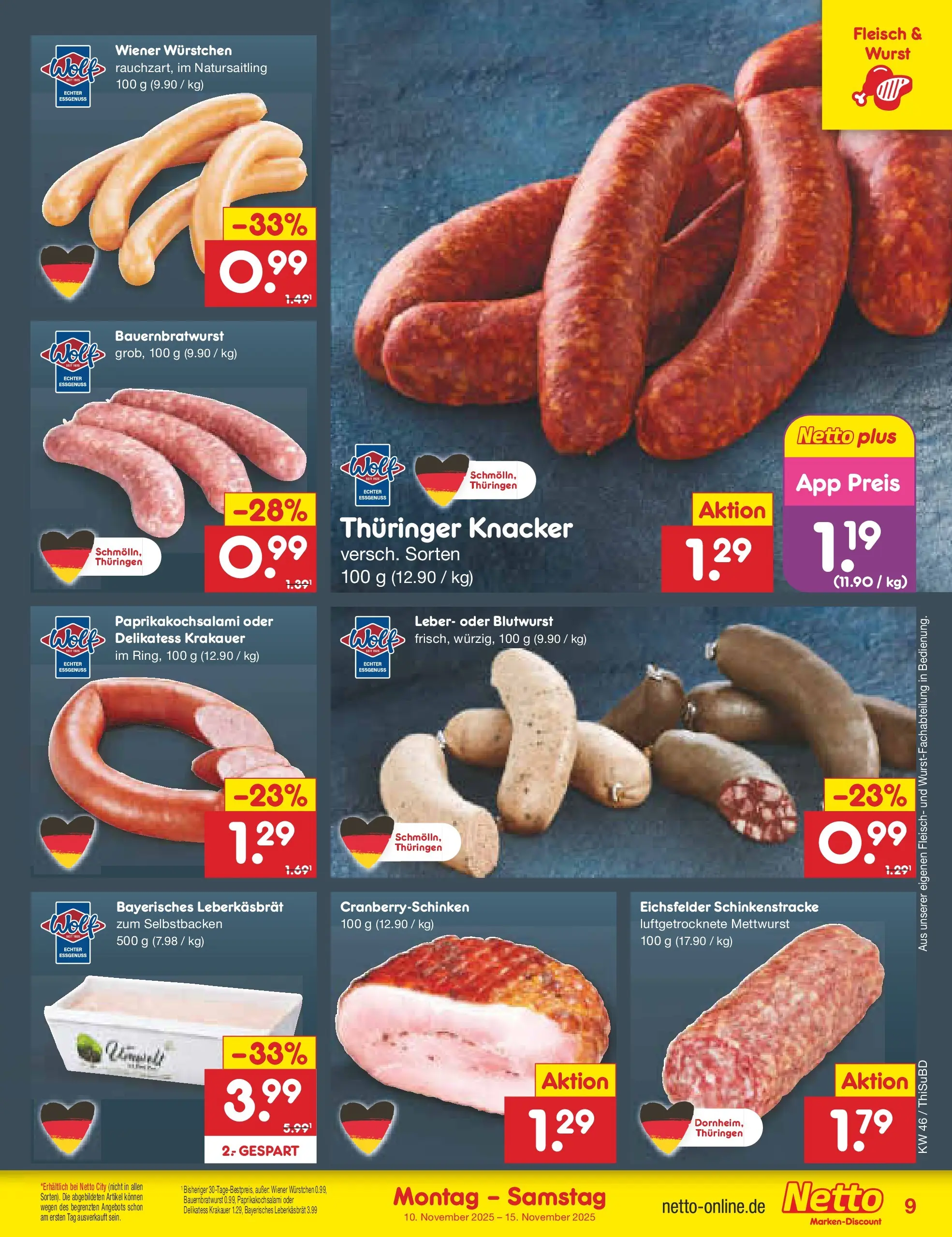 Netto Marken-Discount prospekt Thiendorf	 (ab 10.11.2025) » Angebote | Seite: 9 | Produkte: Wiener wurstchen, Wurst, Salami, Fleisch