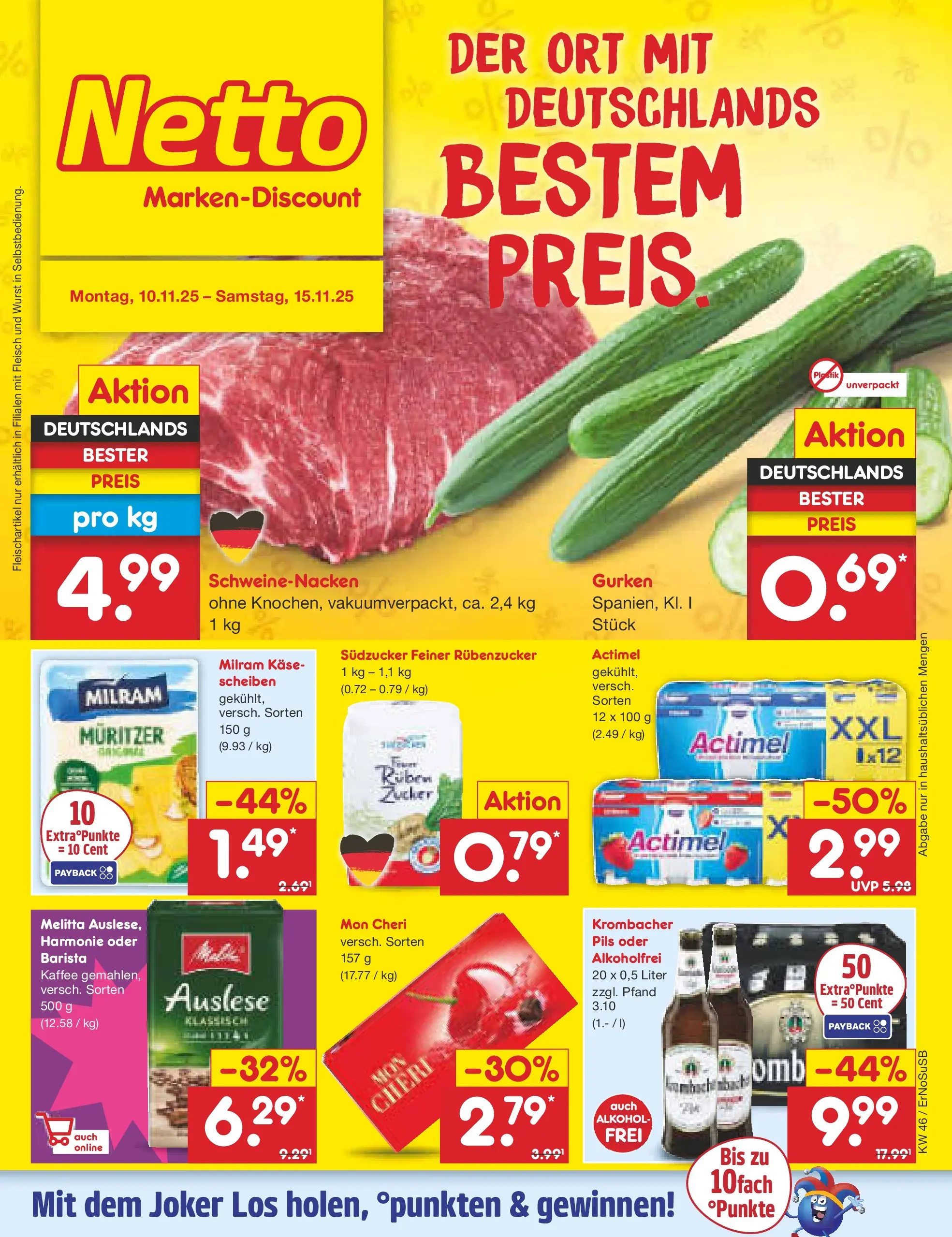 Netto Marken-Discount prospekt Erfurt (ab 10.11.2025) » Angebote | Seite: 1 | Produkte: Actimel, Käse, Pils, Schweinenacken Netto Marken-Discount prospekt Erfurt (ab 10.11.2025) » Angebote | Seite: 1 | Produkte: Actimel, Käse, Pils, Schweinenacken