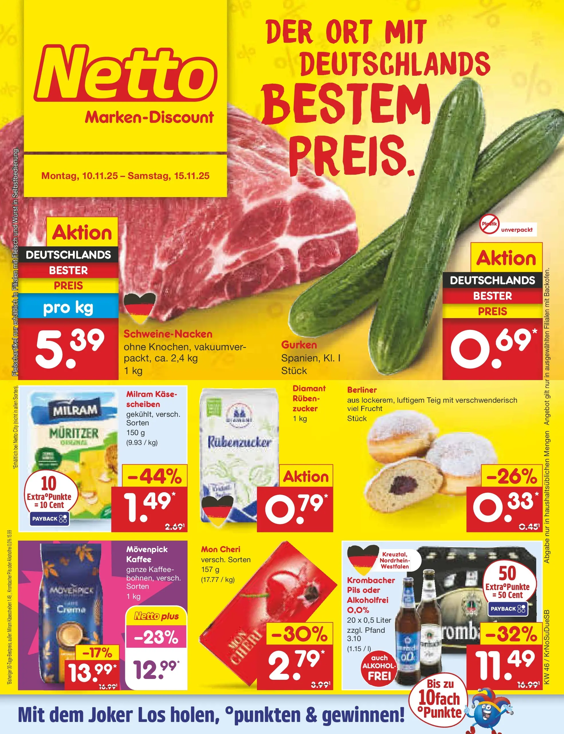 Netto Marken-Discount prospekt Jüchen	 (ab 10.11.2025) » Angebote | Seite: 1 | Produkte: Kaffee, Zucker, Krombacher, Gurken
