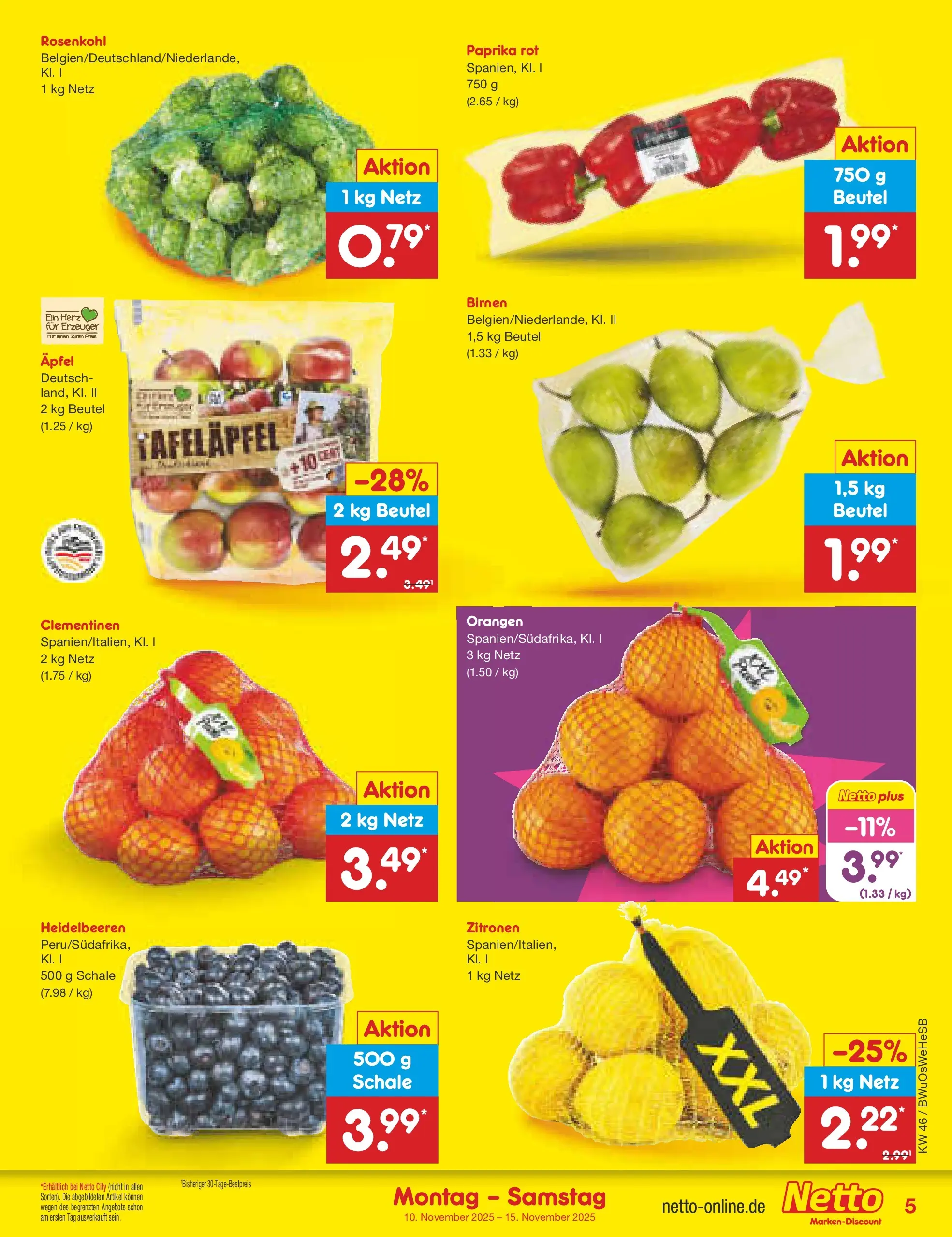Netto Marken-Discount prospekt Witzenhausen	 (ab 10.11.2025) » Angebote | Seite: 5 | Produkte: Äpfel, Heidelbeeren, Paprika, Zitronen