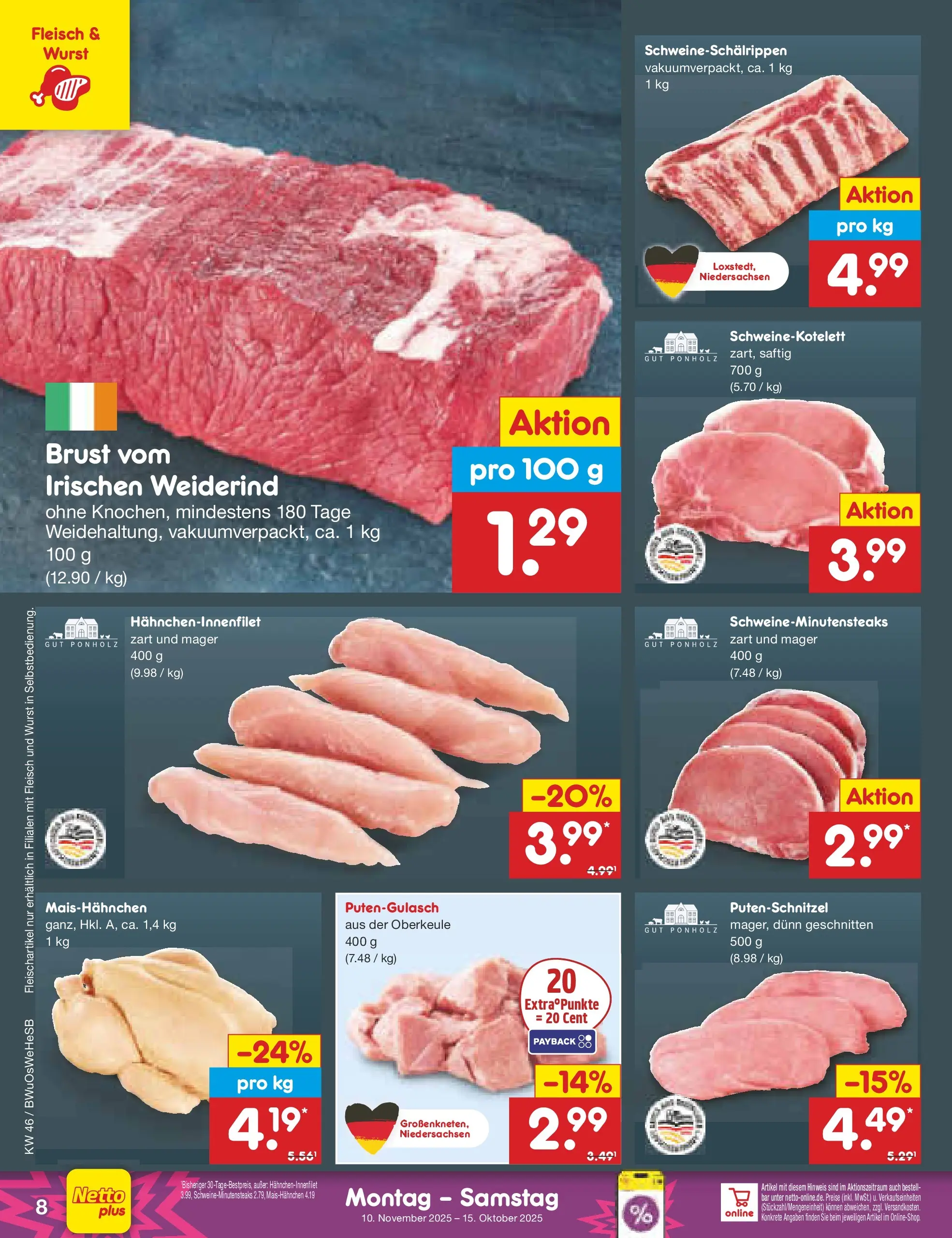Netto Marken-Discount prospekt Witzenhausen	 (ab 10.11.2025) » Angebote | Seite: 8 | Produkte: Putenschnitzel, Wurst, Fleisch