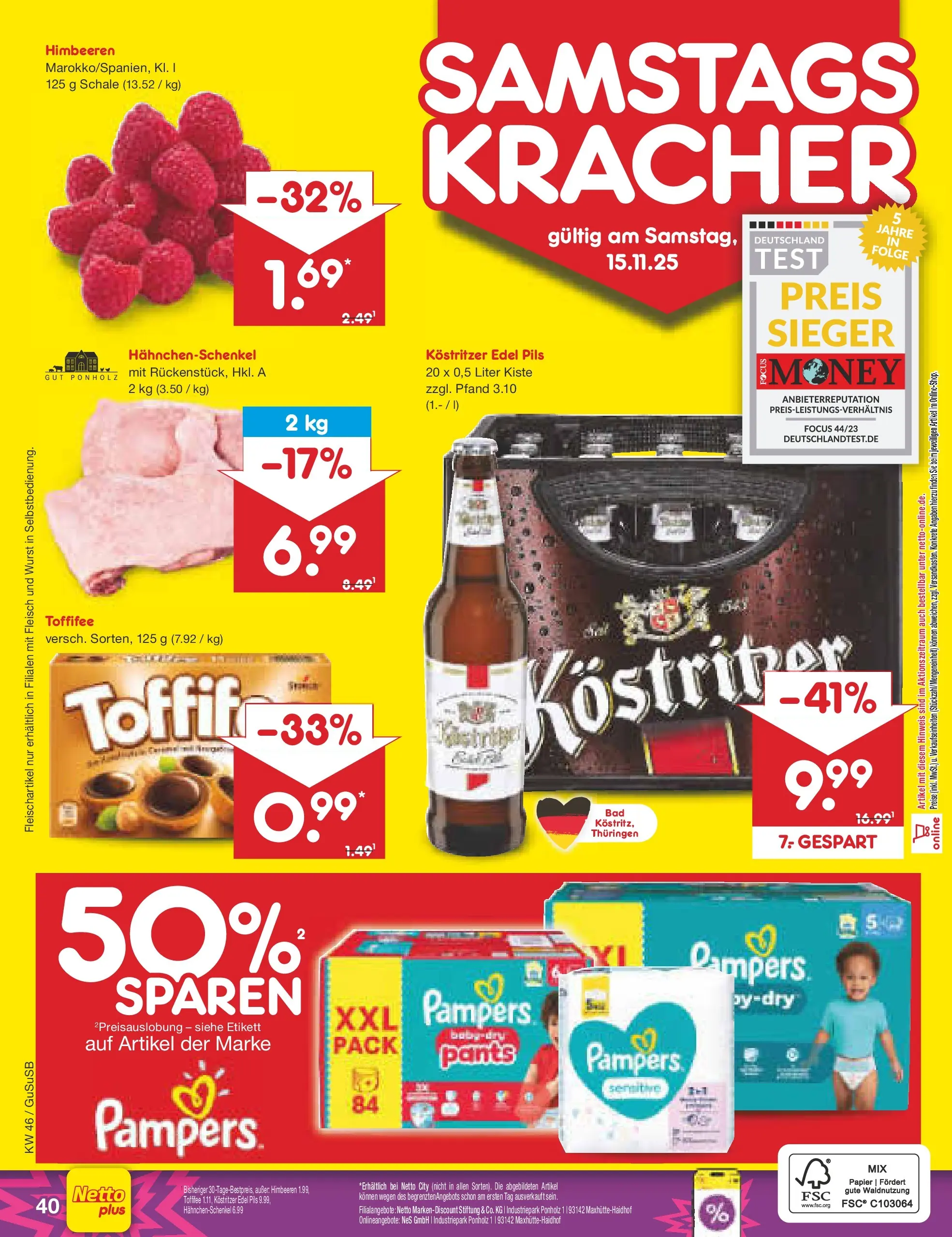 Netto Marken-Discount prospekt Rodewisch	 (ab 10.11.2025) » Angebote | Seite: 48 | Produkte: Himbeeren, Pampers, Wurst, Fleisch