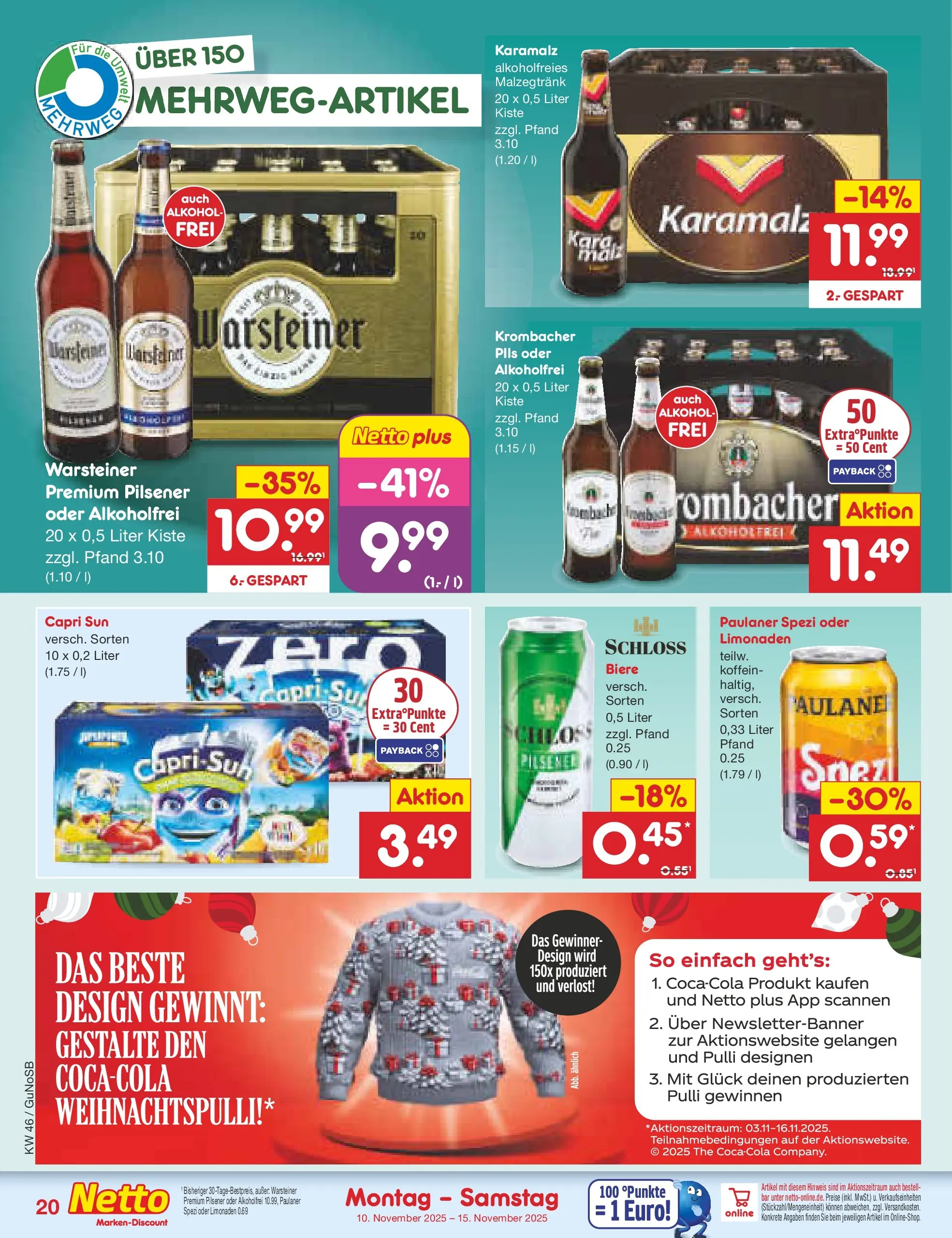 Netto Marken-Discount prospekt Machern	 (ab 10.11.2025) » Angebote | Seite: 20 | Produkte: Capri sun, Paulaner spezi, Warsteiner, Krombacher