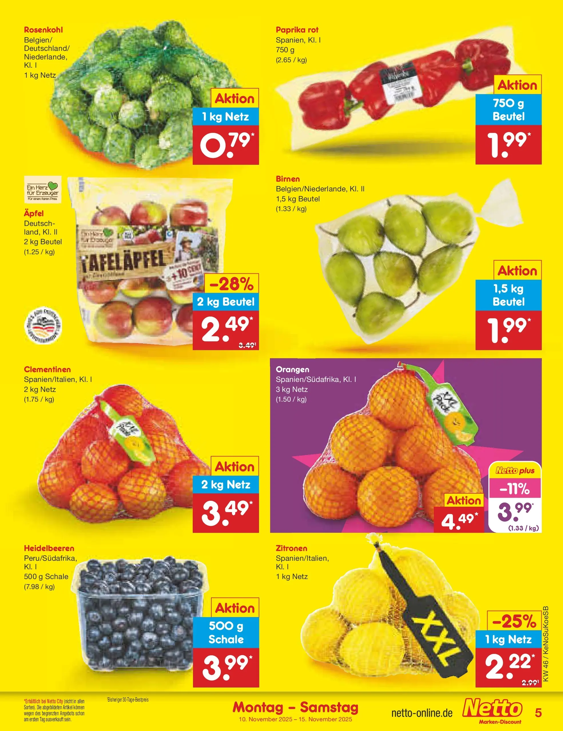 Netto Marken-Discount prospekt Bonn	 (ab 10.11.2025) » Angebote | Seite: 5 | Produkte: Paprika rot, Äpfel, Heidelbeeren, Zitronen