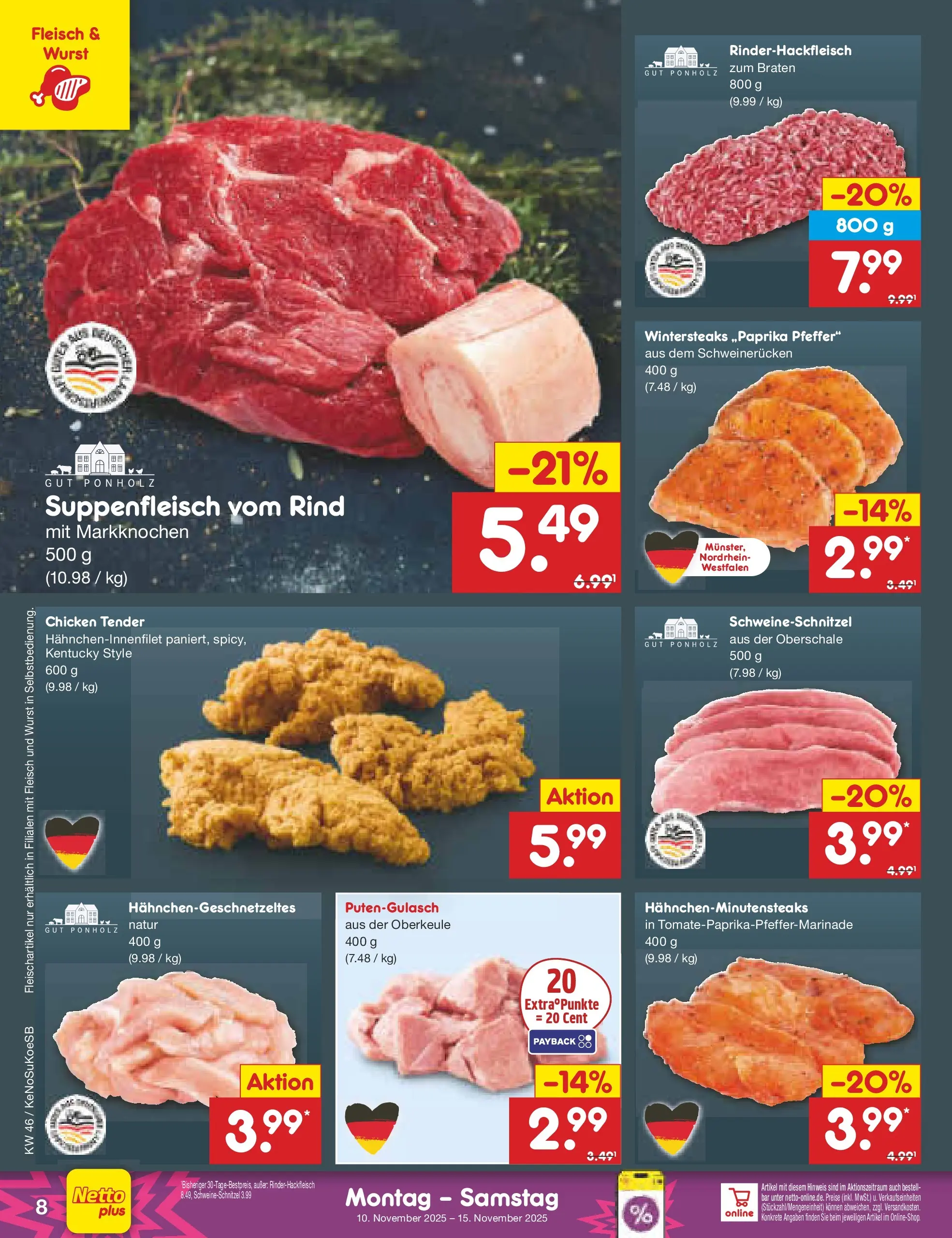 Netto Marken-Discount prospekt Bonn	 (ab 10.11.2025) » Angebote | Seite: 8 | Produkte: Suppenfleisch, Wurst, Schweinerucken, Fleisch