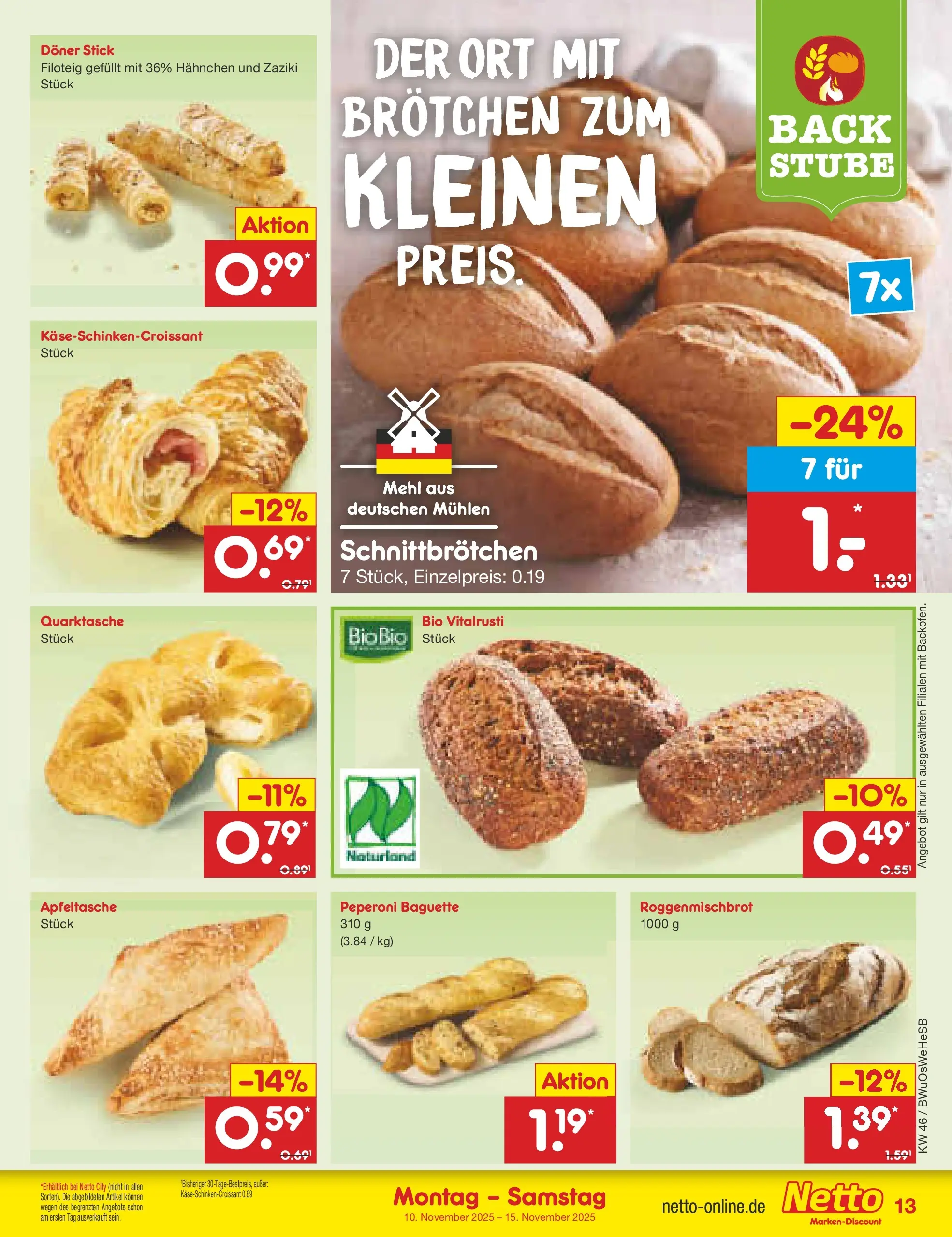 Netto Marken-Discount prospekt Witzenhausen	 (ab 10.11.2025) » Angebote | Seite: 13 | Produkte: Hahnchen, Mehl, Baguette