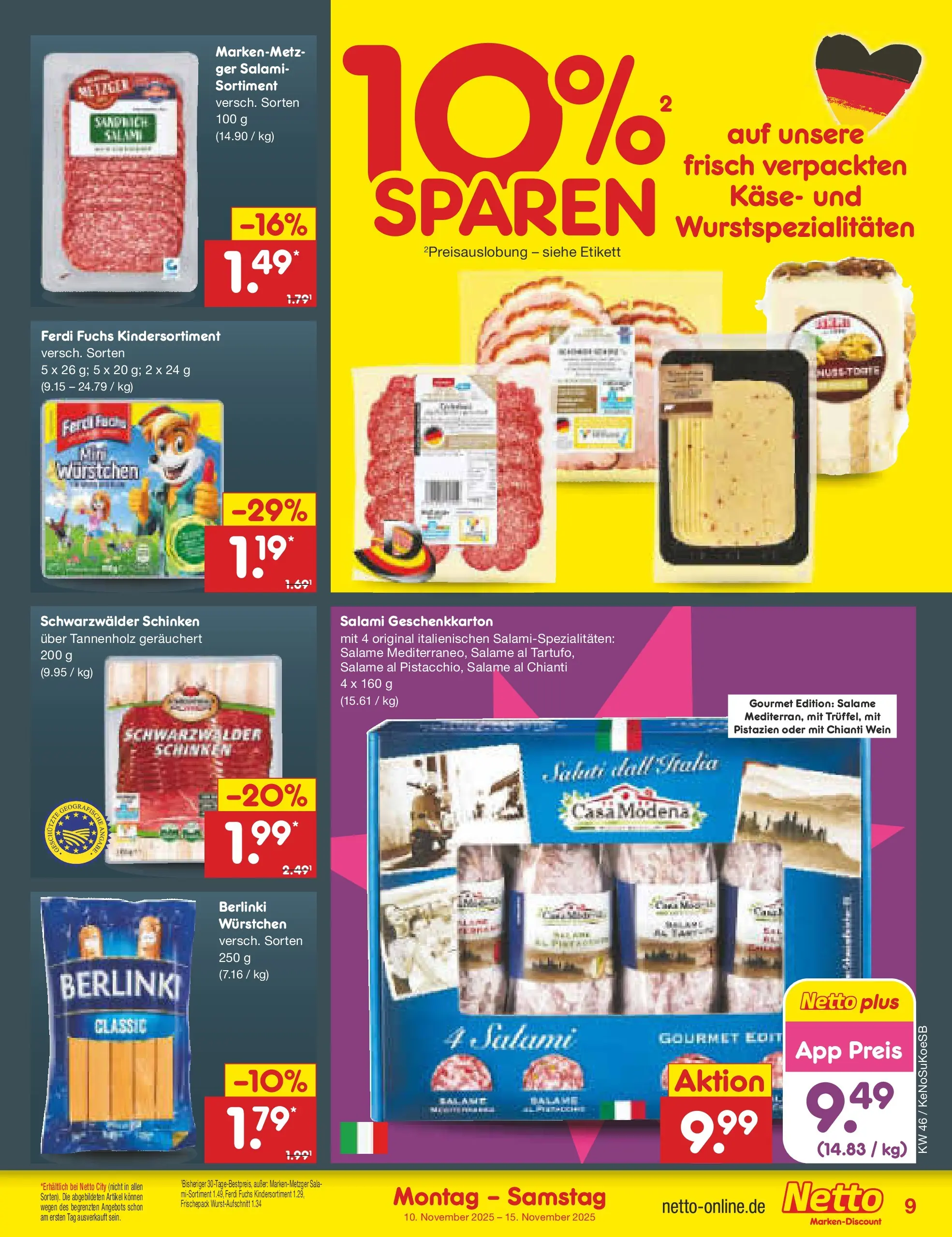 Netto Marken-Discount prospekt Bonn	 (ab 10.11.2025) » Angebote | Seite: 9 | Produkte: Käse, Pistazien, Schinken, Wein