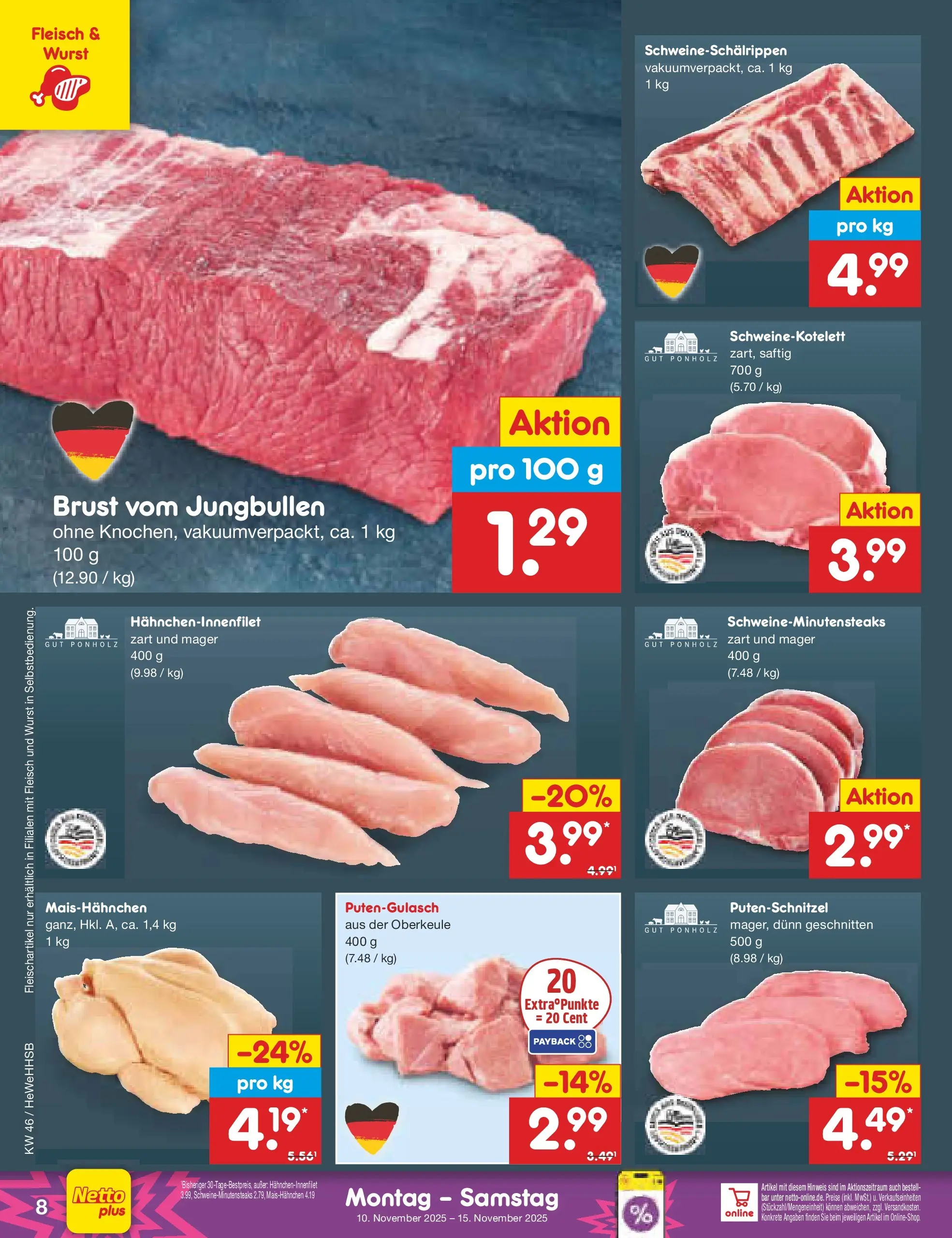 Netto Marken-Discount prospekt Brietlingen	 (ab 10.11.2025) » Angebote | Seite: 8 | Produkte: Putenschnitzel, Wurst, Fleisch