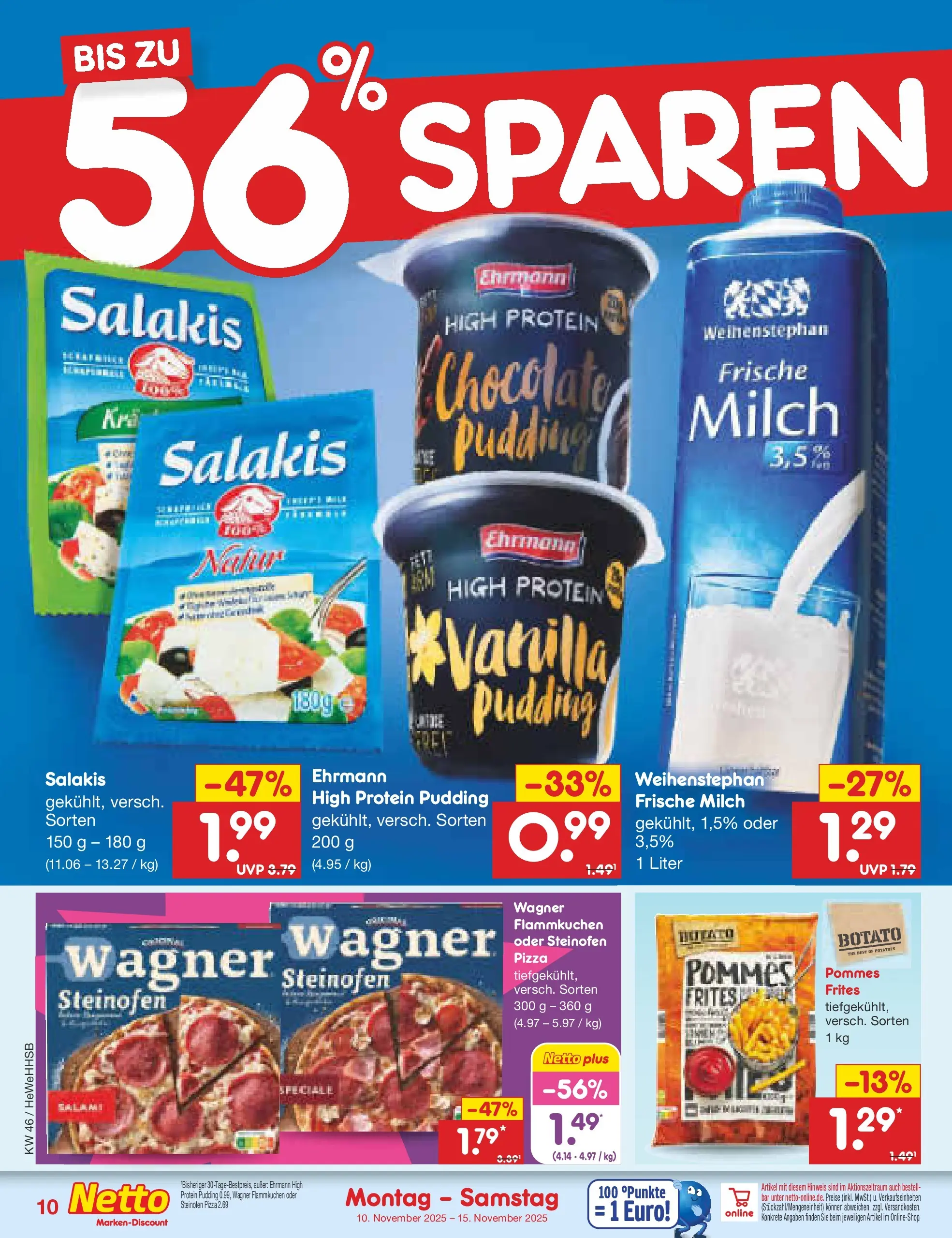 Netto Marken-Discount prospekt Brietlingen	 (ab 10.11.2025) » Angebote | Seite: 10 | Produkte: Milch, Pommes, Pudding, Salami
