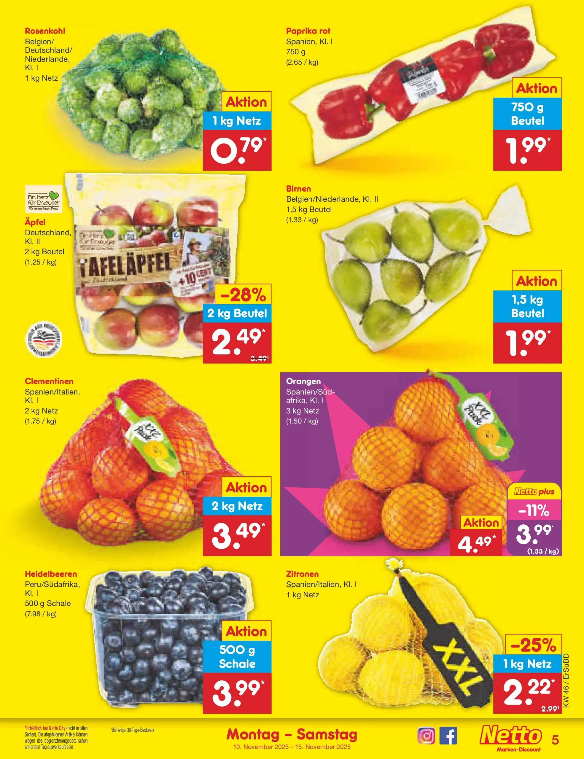 Netto Marken-Discount prospekt Jena-Lobeda	 (ab 10.11.2025) » Angebote | Seite: 5 | Produkte: Paprika rot, Äpfel, Orangen, Zitronen