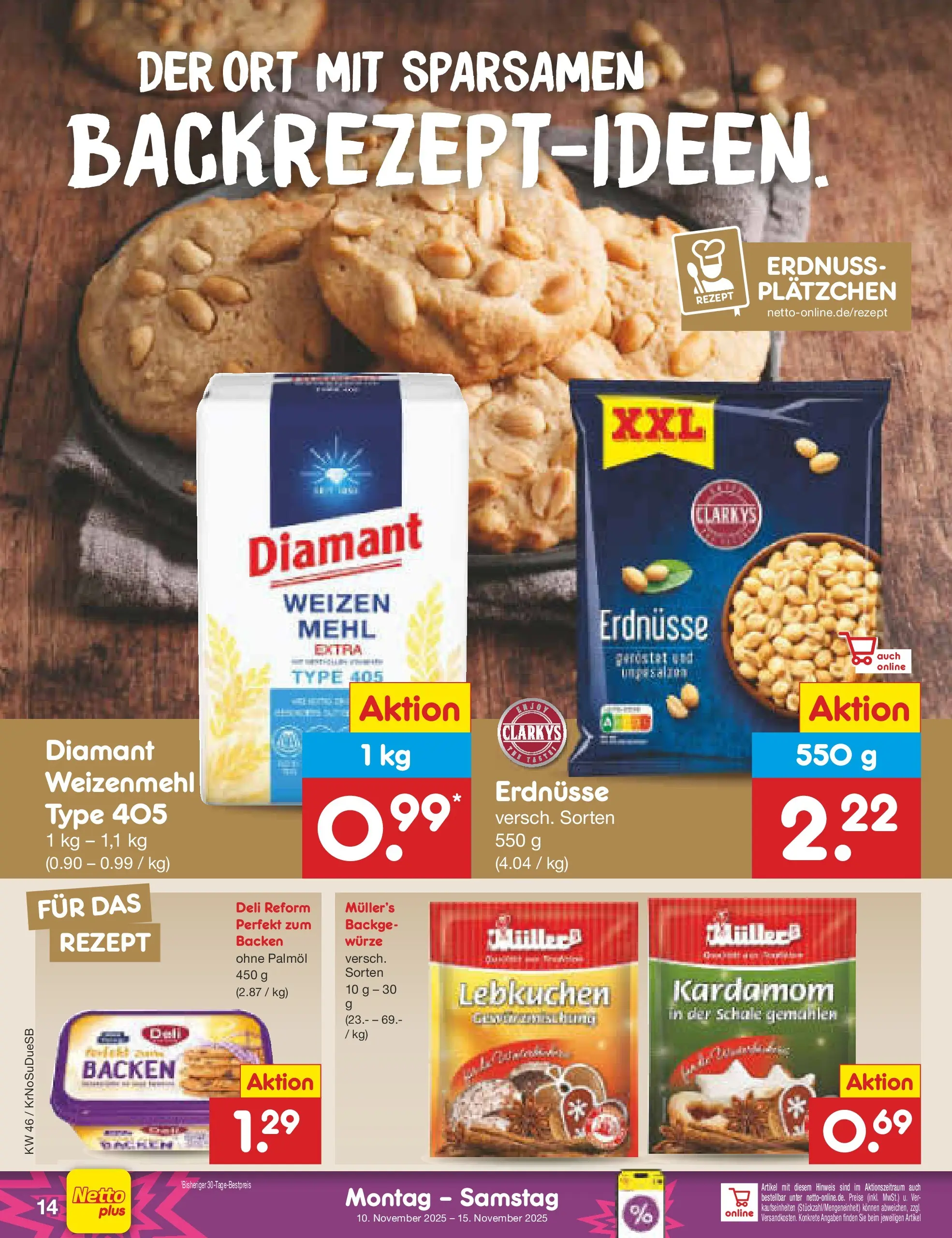 Netto Marken-Discount prospekt Jüchen	 (ab 10.11.2025) » Angebote | Seite: 14 | Produkte: Erdnüsse, Mehl, Weizenmehl, Deli reform