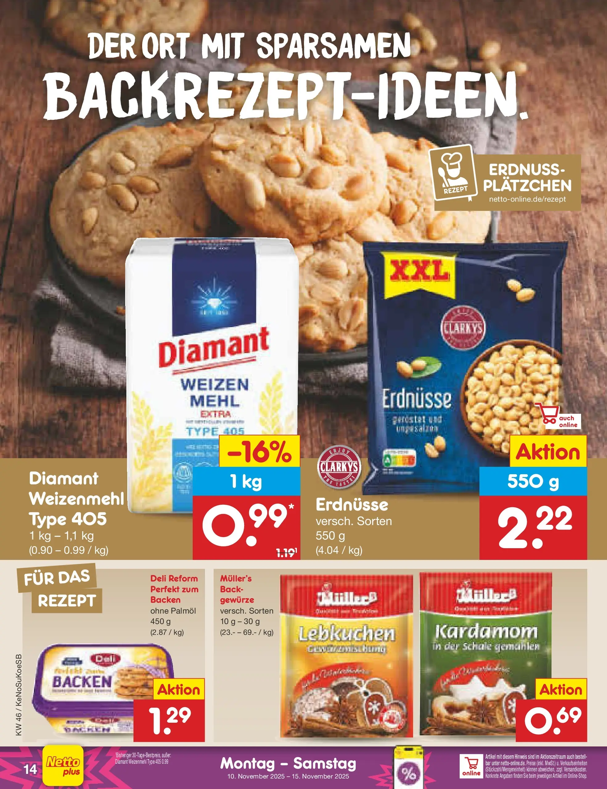 Netto Marken-Discount prospekt Bonn	 (ab 10.11.2025) » Angebote | Seite: 14 | Produkte: Erdnüsse, Mehl, Weizenmehl, Gewürze