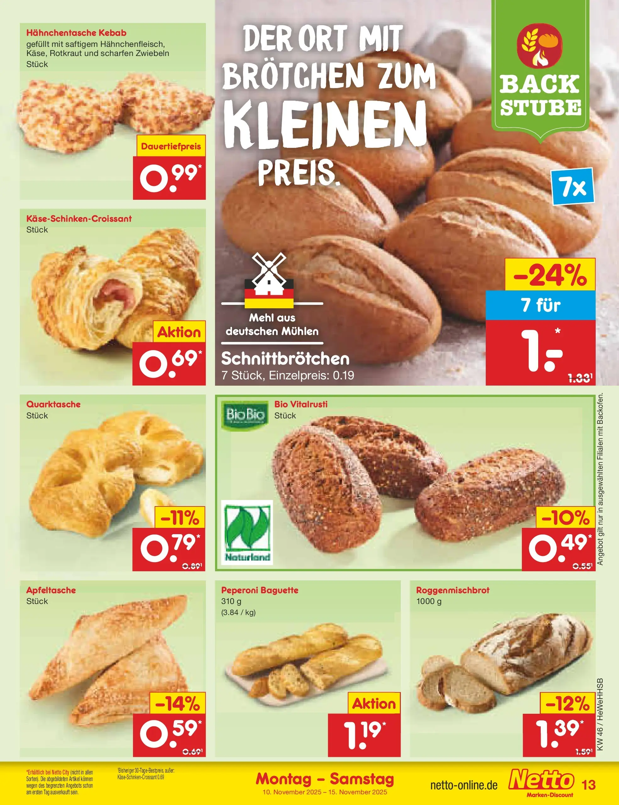 Netto Marken-Discount prospekt Brietlingen	 (ab 10.11.2025) » Angebote | Seite: 13 | Produkte: Mehl, Baguette, Zwiebeln