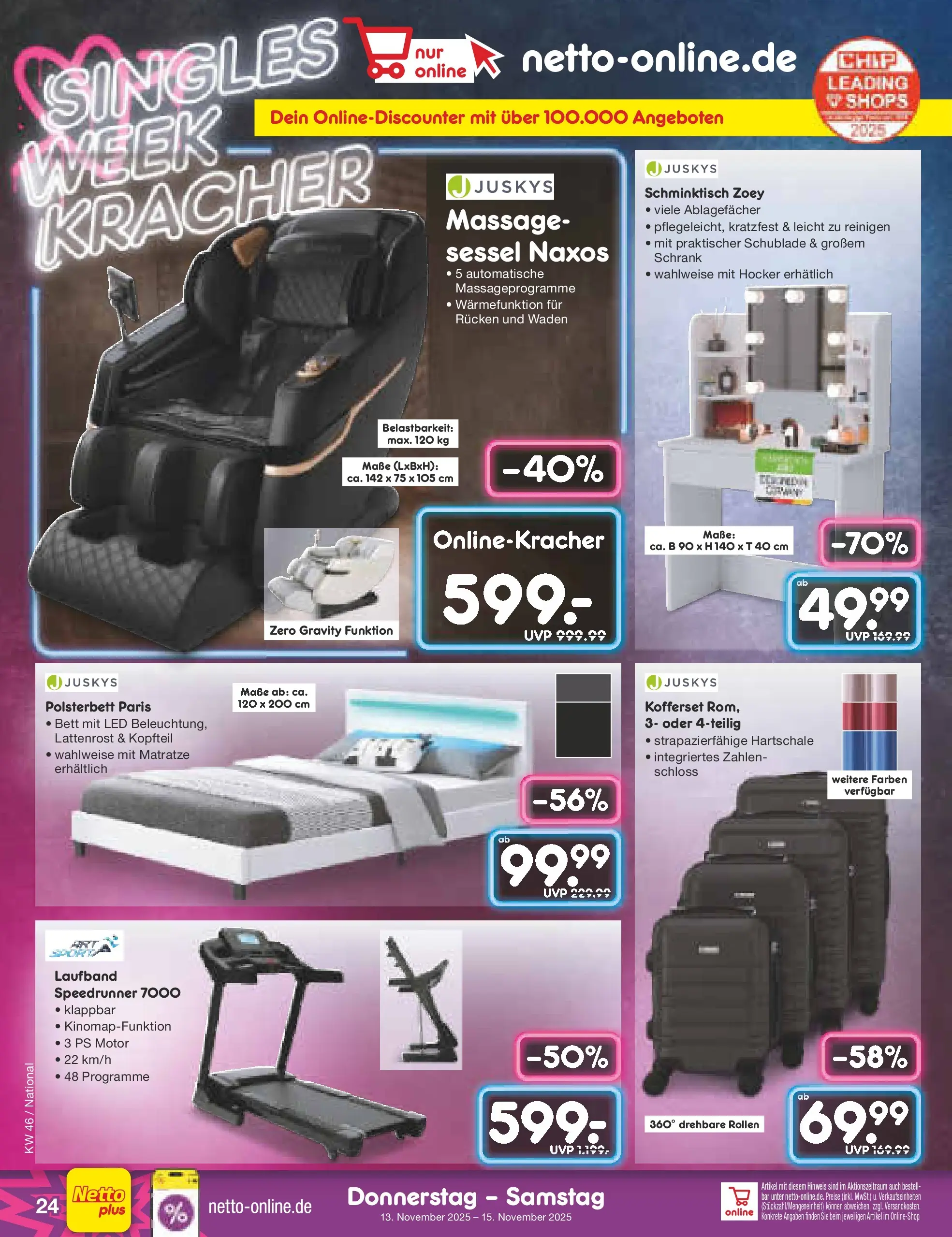 Netto Marken-Discount prospekt Ergolding	 (ab 09.11.2025) » Angebote | Seite: 30 | Produkte: Matratze, Sessel, Schminktisch, Laufband