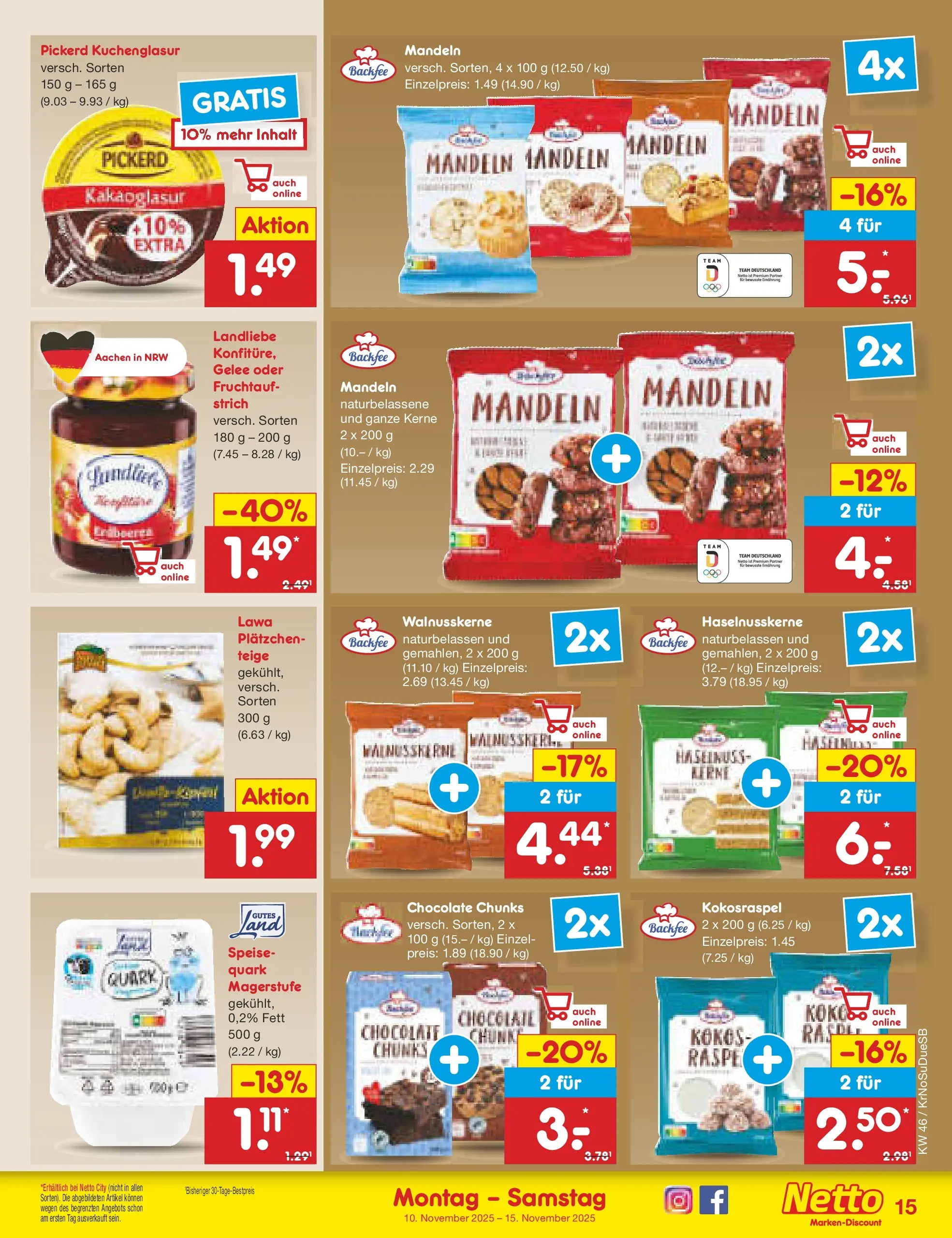 Netto Marken-Discount prospekt Jüchen	 (ab 10.11.2025) » Angebote | Seite: 15 | Produkte: Quark, Mandeln, Erdbeeren
