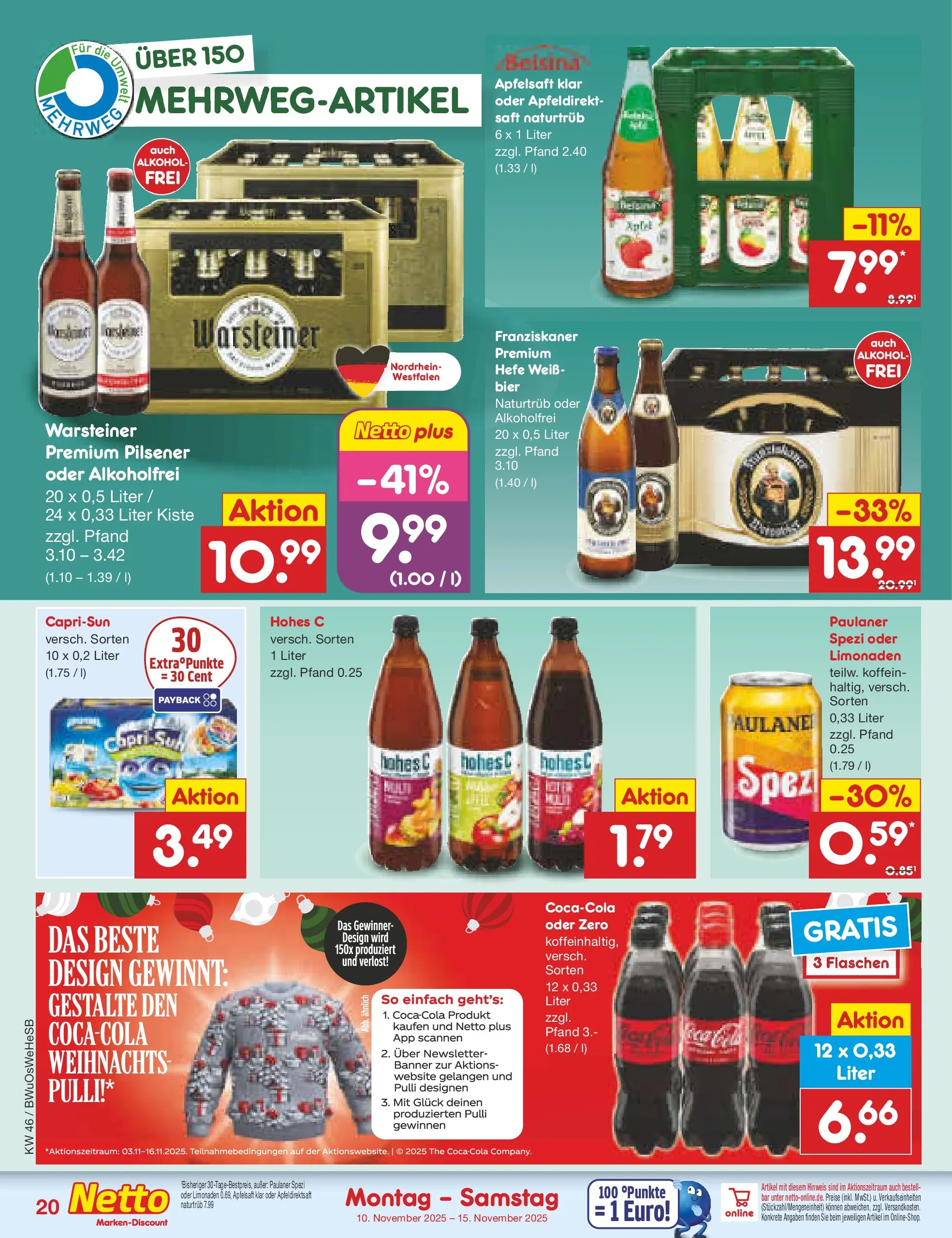 Netto Marken-Discount prospekt Witzenhausen	 (ab 10.11.2025) » Angebote | Seite: 20 | Produkte: Apfelsaft, Warsteiner, Saft, Paulaner