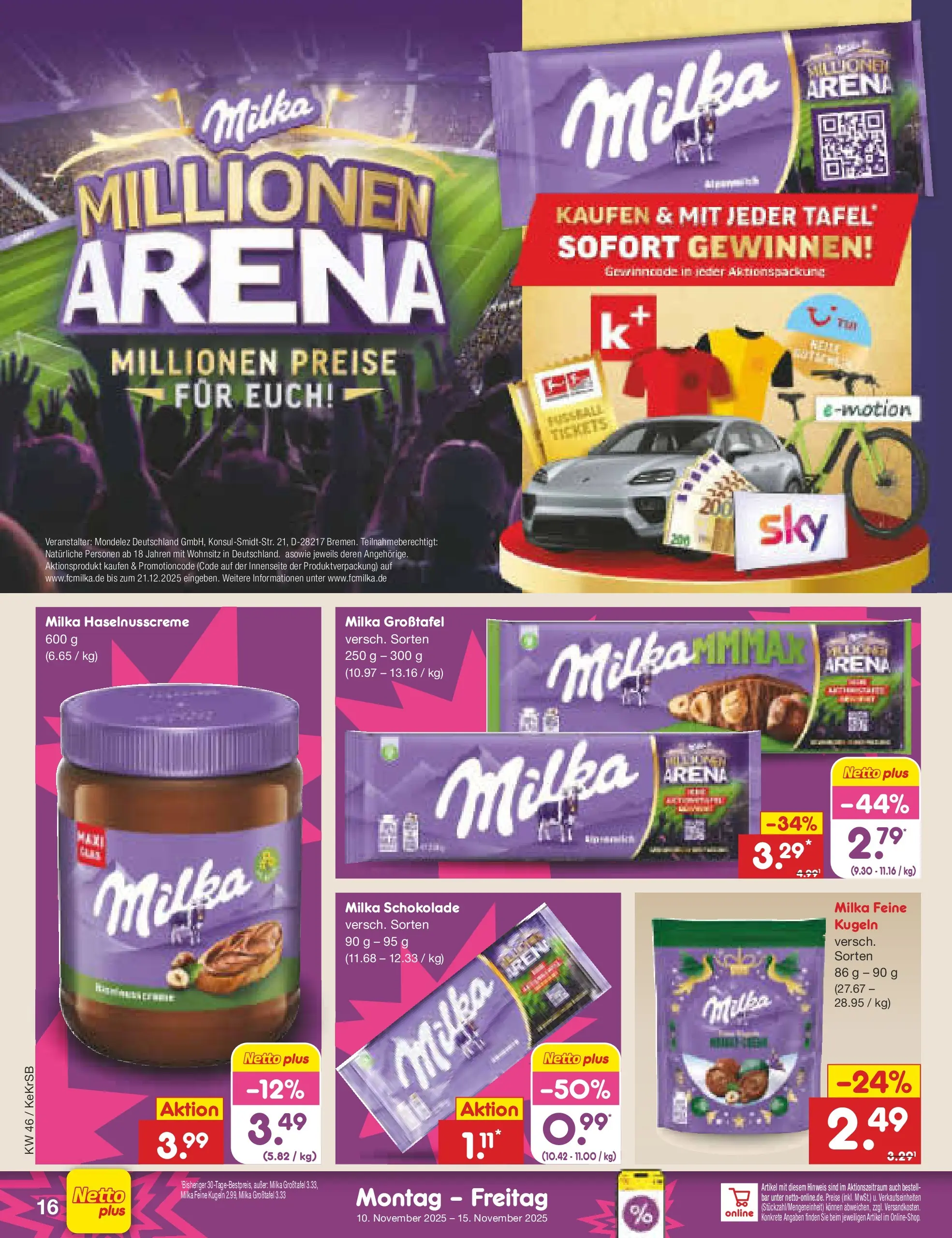 Netto Marken-Discount prospekt Bonn	 (ab 10.11.2025) » Angebote | Seite: 16 | Produkte: Schokolade, Milka schokolade, Milka, Fußball