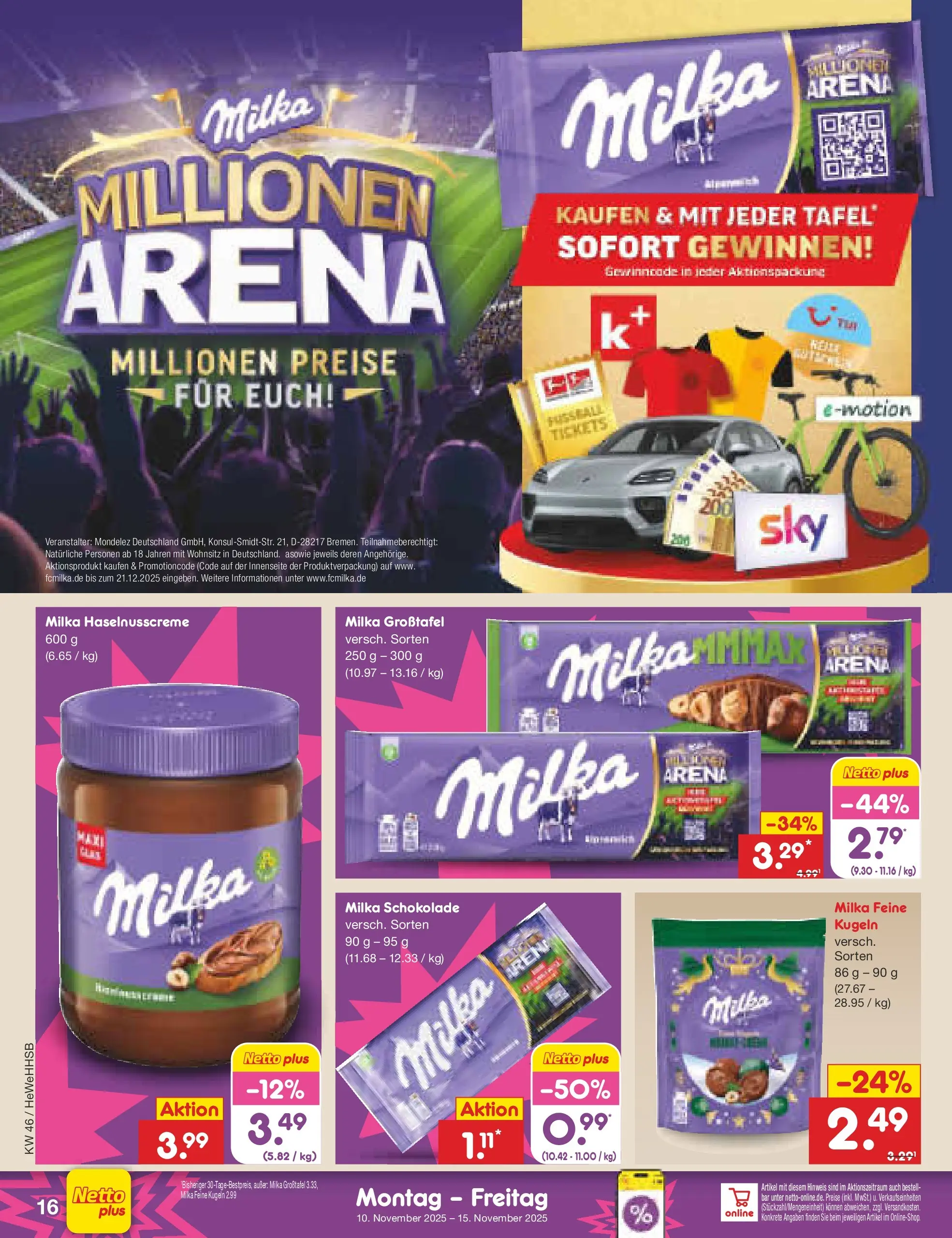 Netto Marken-Discount prospekt Brietlingen	 (ab 10.11.2025) » Angebote | Seite: 16 | Produkte: Schokolade, Milka schokolade, Milka, Fußball