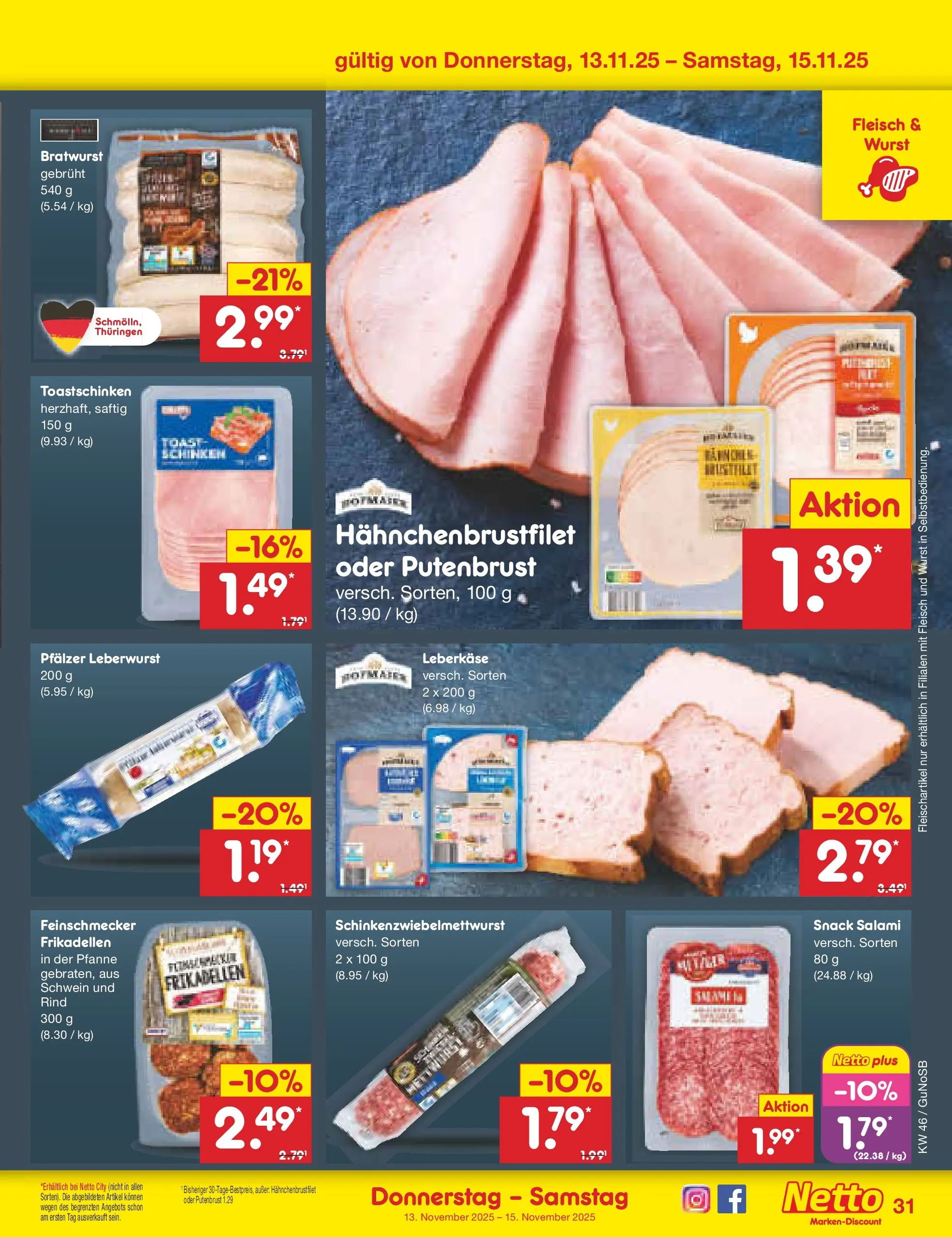 Netto Marken-Discount prospekt Machern	 (ab 10.11.2025) » Angebote | Seite: 39 | Produkte: Bratwurst, Toastschinken, Salami, Fleisch