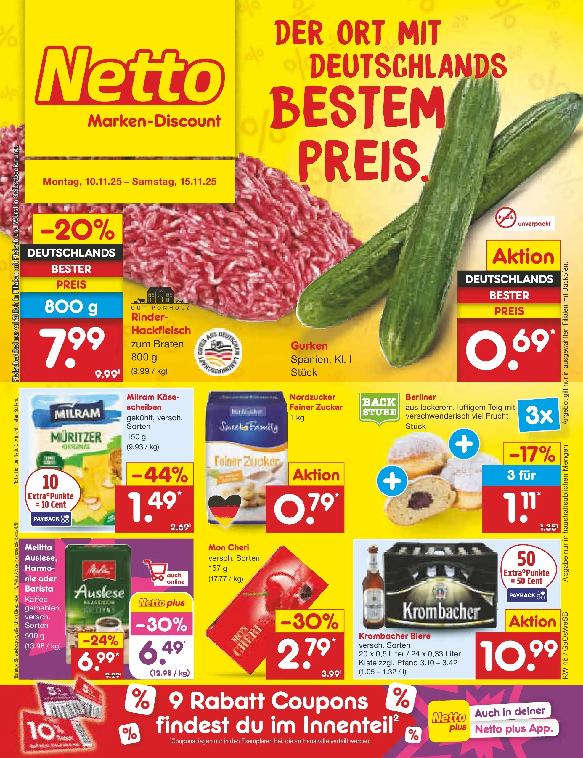 Netto Marken-Discount prospekt Moormerland	 (ab 10.11.2025) » Angebote | Seite: 1 | Produkte: Berliner, Kaffee, Fleisch, Mon cheri