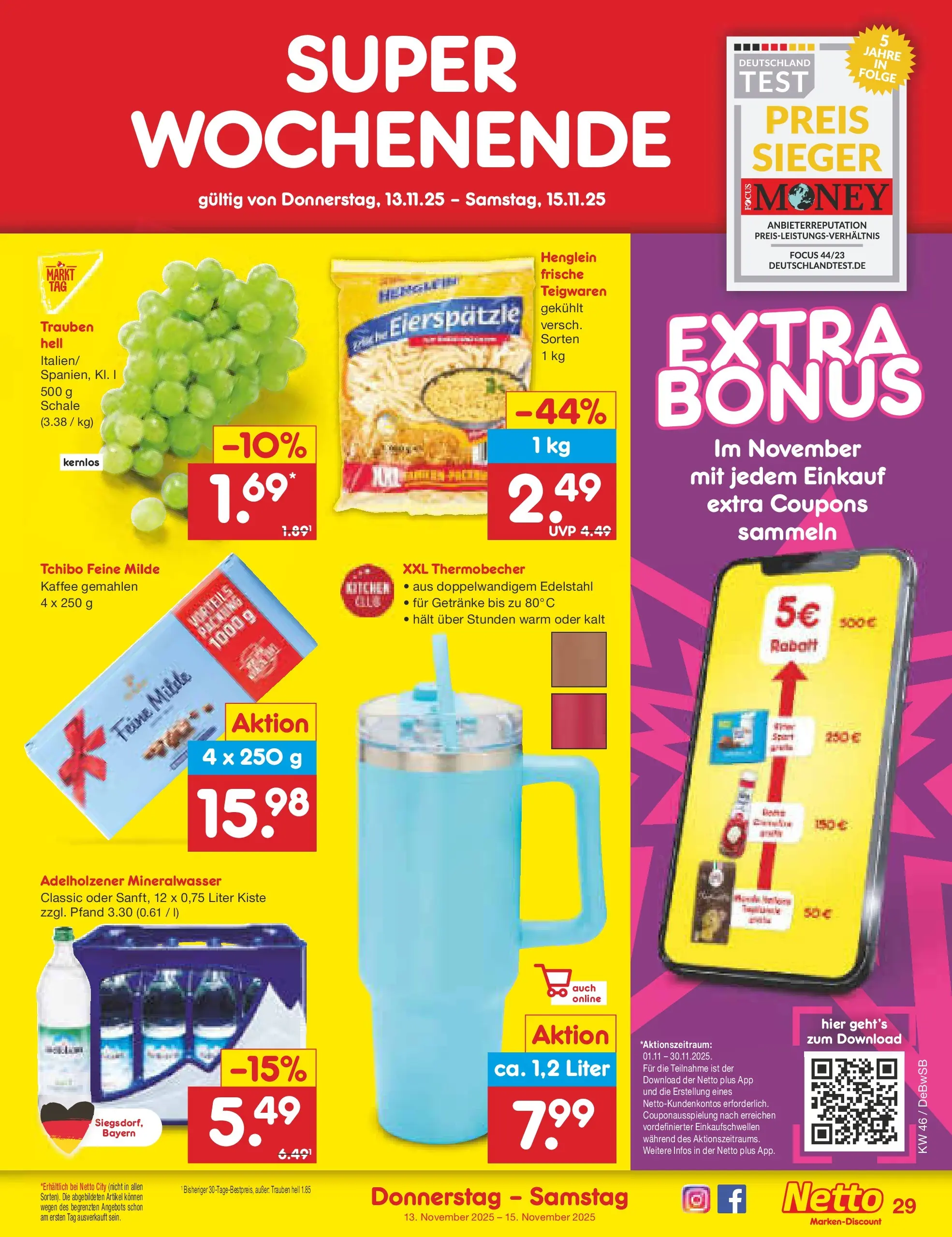 Netto Marken-Discount prospekt Waiblingen-Bittenfeld	 (ab 10.11.2025) » Angebote | Seite: 37 | Produkte: Trauben, Kaffee, Adelholzener, Mineralwasser