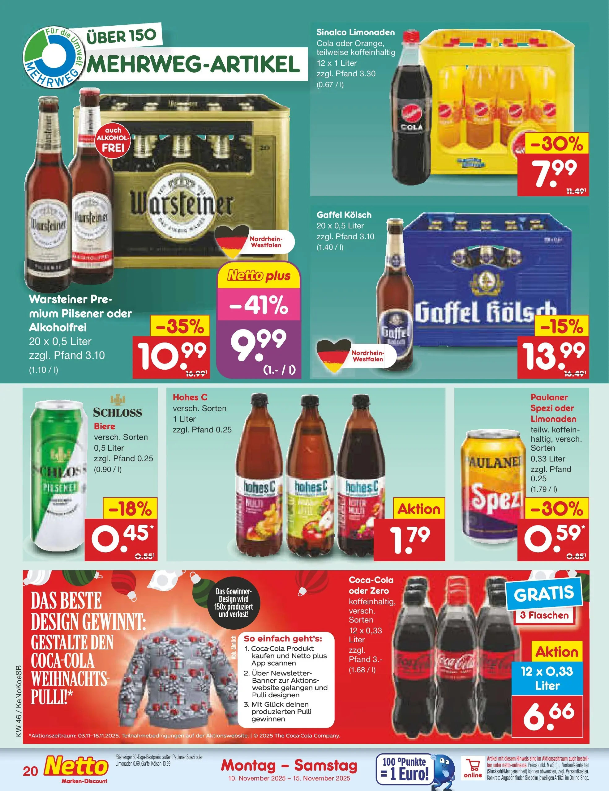 Netto Marken-Discount prospekt Bonn	 (ab 10.11.2025) » Angebote | Seite: 20 | Produkte: Sinalco, Cola, Warsteiner, Hohes c